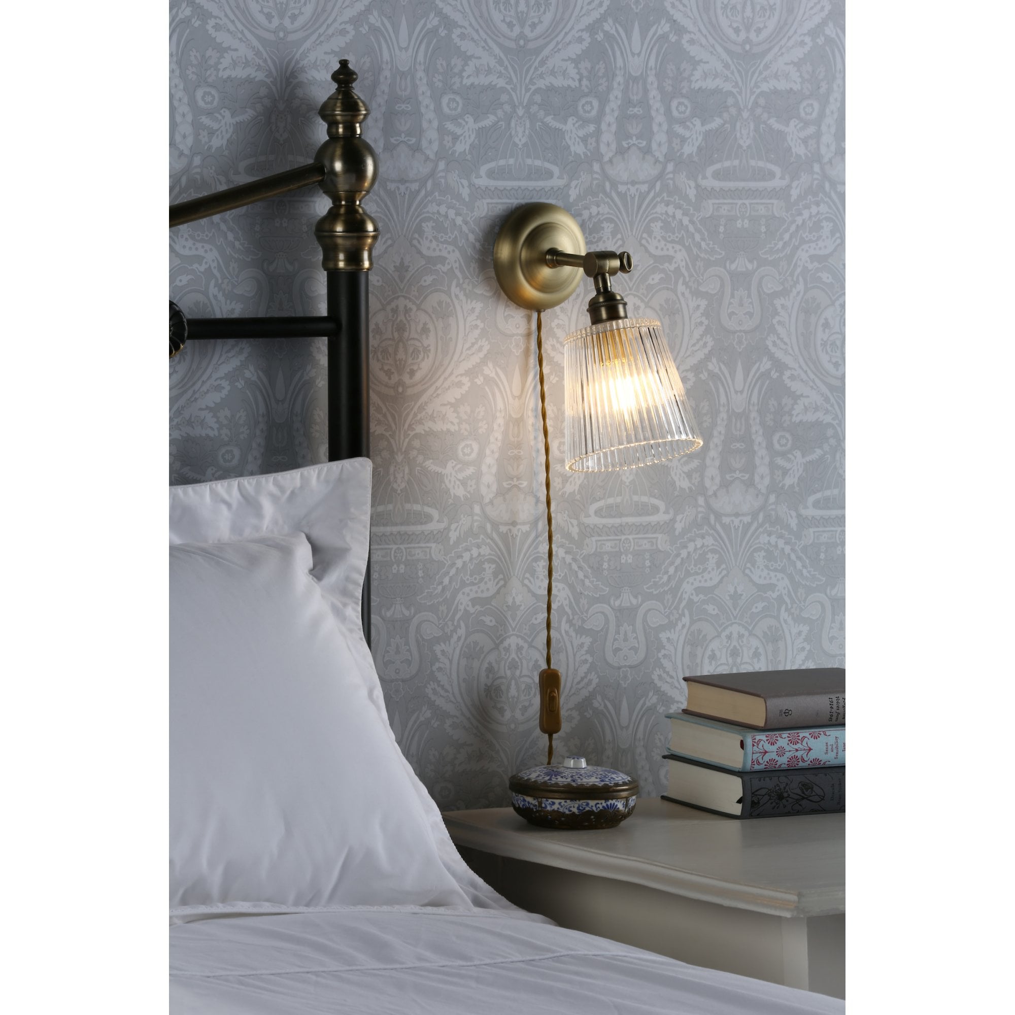 Callaghan Classic Plugged In Wall Light In Antique Brass Finish With Ribbed Glass Shade LA3756044-Q