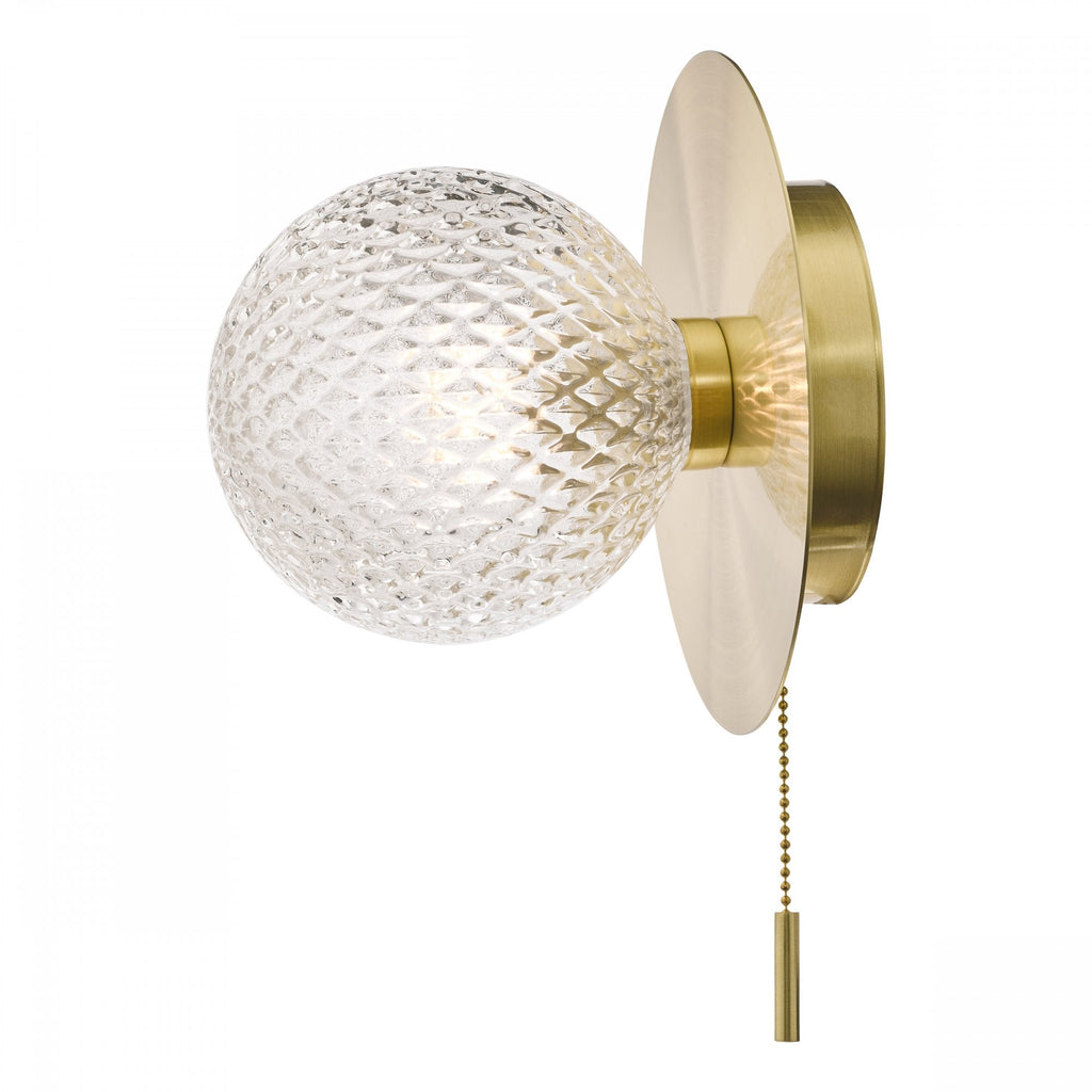 Prague Bathroom Wall Light In Satin Brass With Textured Round Glass IP44 LA3756111-Q