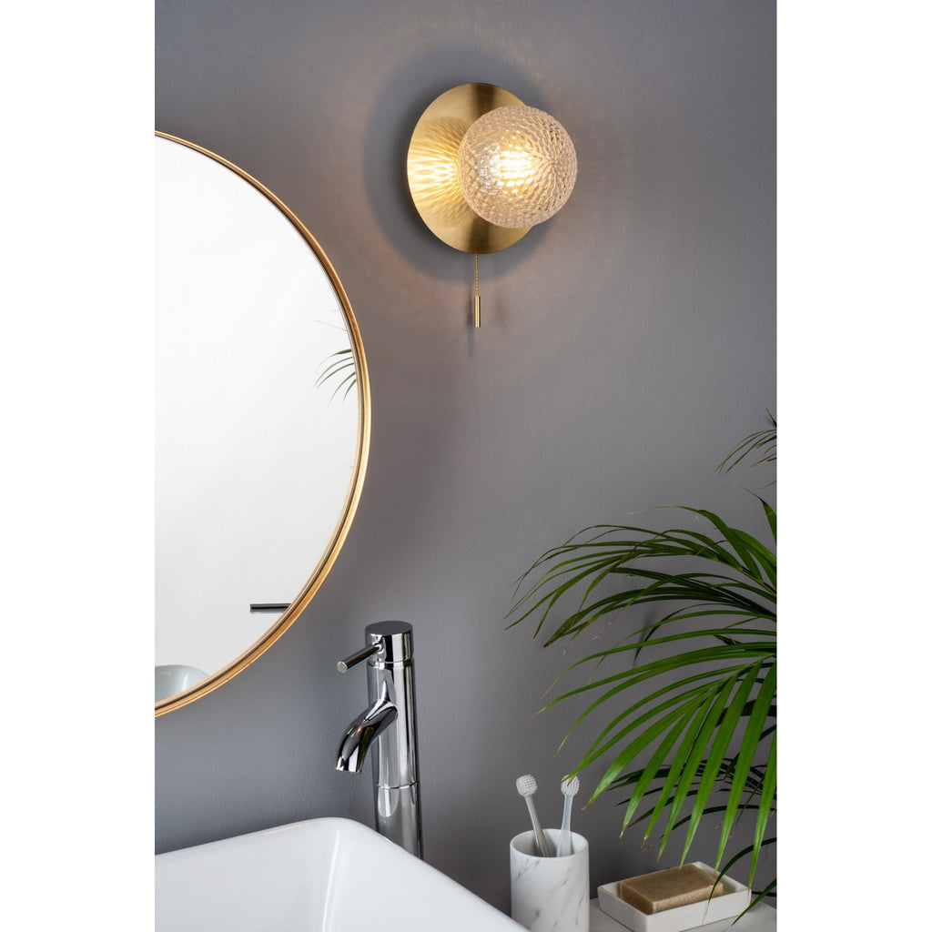 Prague Bathroom Wall Light In Satin Brass With Textured Round Glass IP44 LA3756111-Q