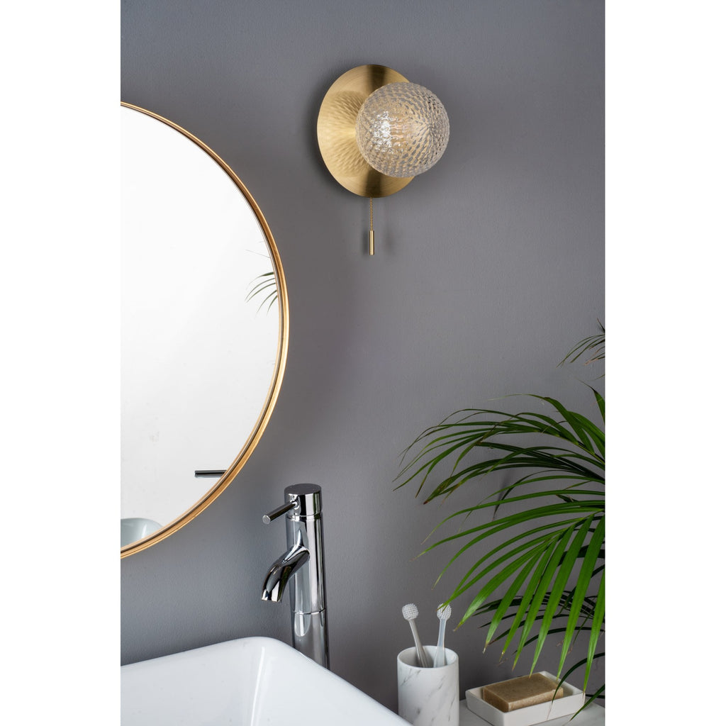 Prague Bathroom Wall Light In Satin Brass With Textured Round Glass IP44 LA3756111-Q