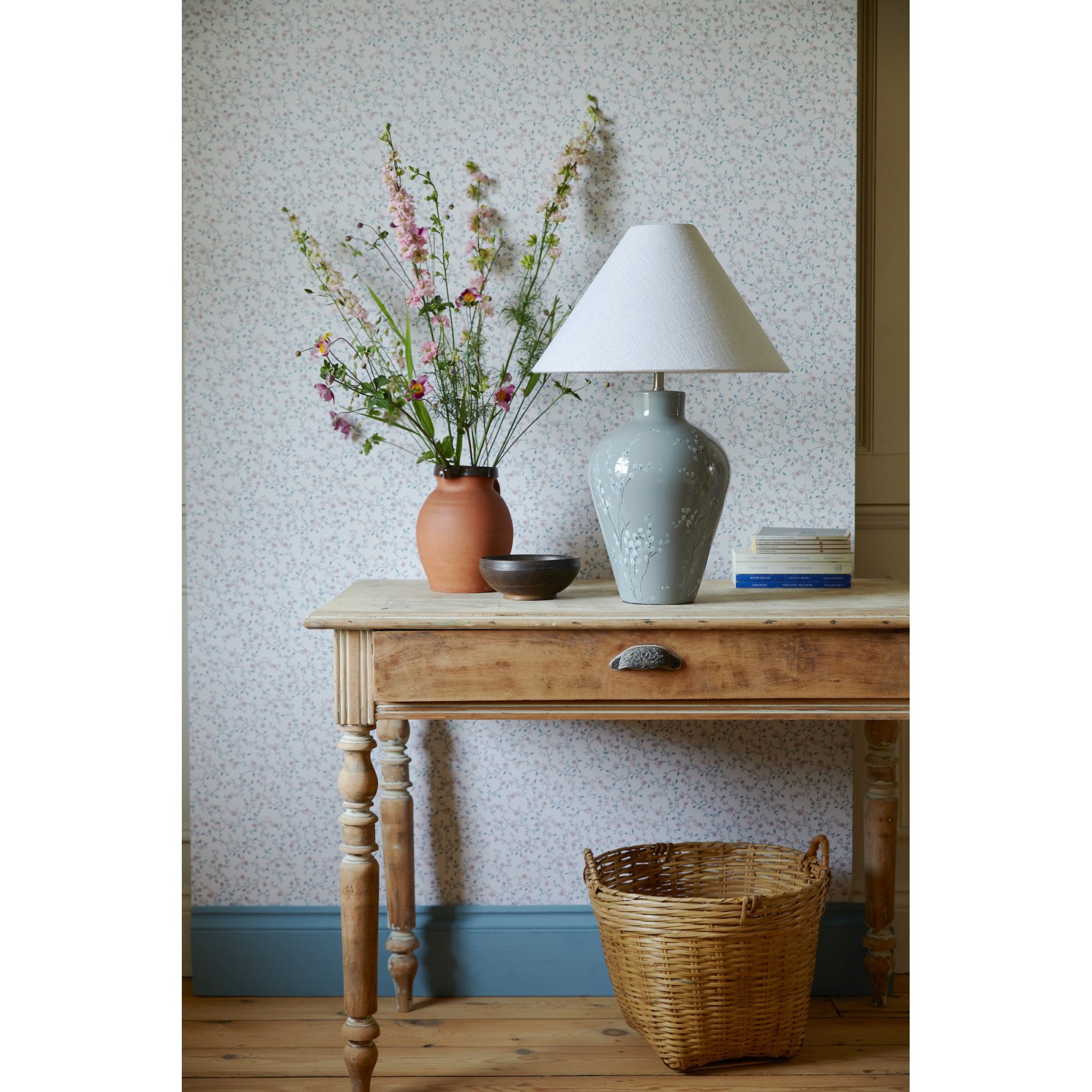 Pussywillow Grey Ceramic Table Lamp With Silver Linen Shade LA3756405-Q