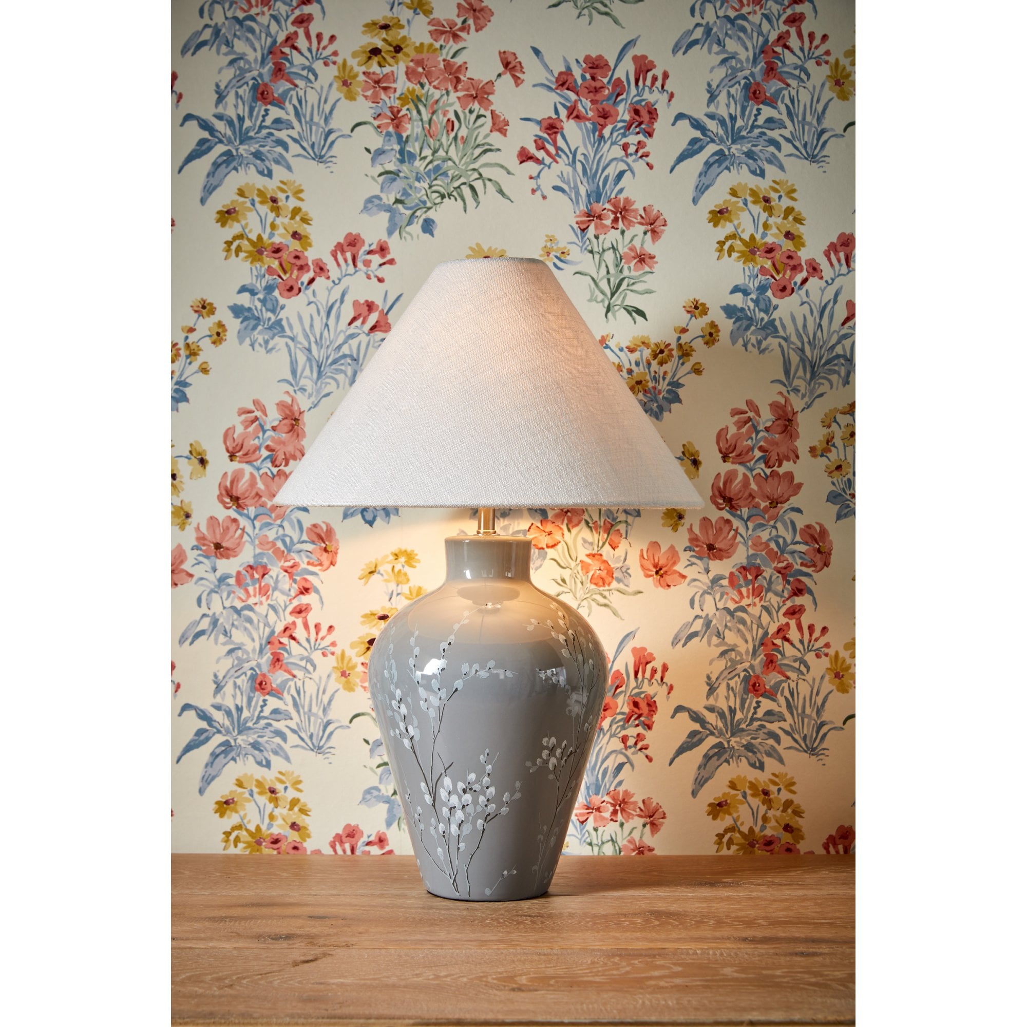 Pussywillow Grey Ceramic Table Lamp With Silver Linen Shade LA3756405-Q