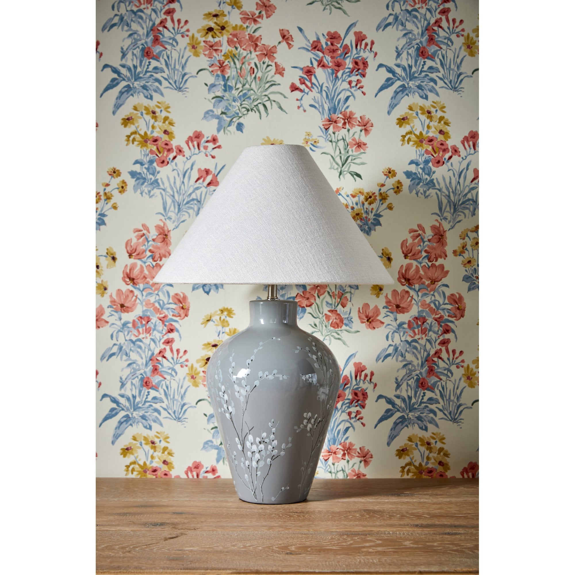 Pussywillow Grey Ceramic Table Lamp With Silver Linen Shade LA3756405-Q