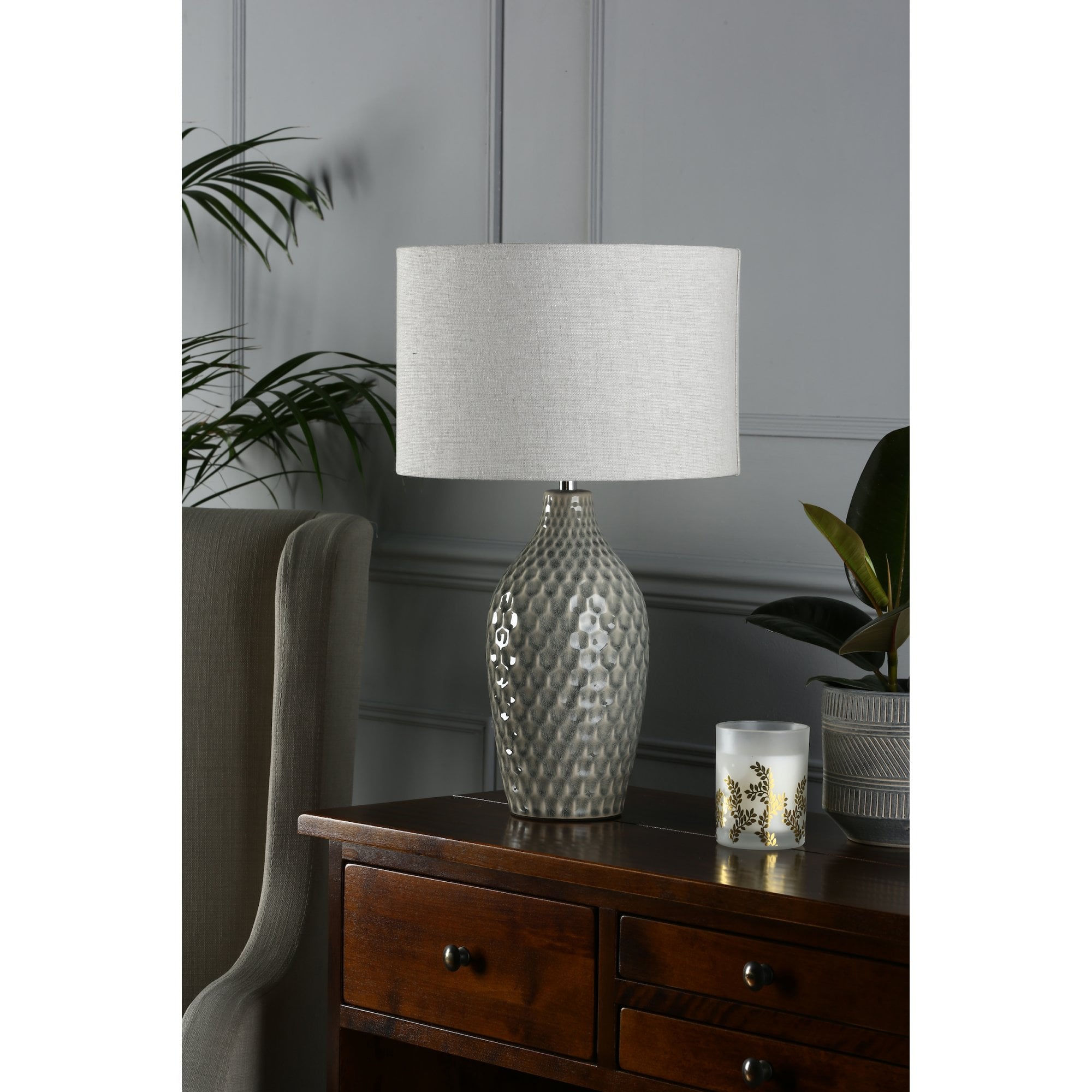 Heathfield Grey Ceramic Table Lamp With Natural Linen Shade LA3756083-Q