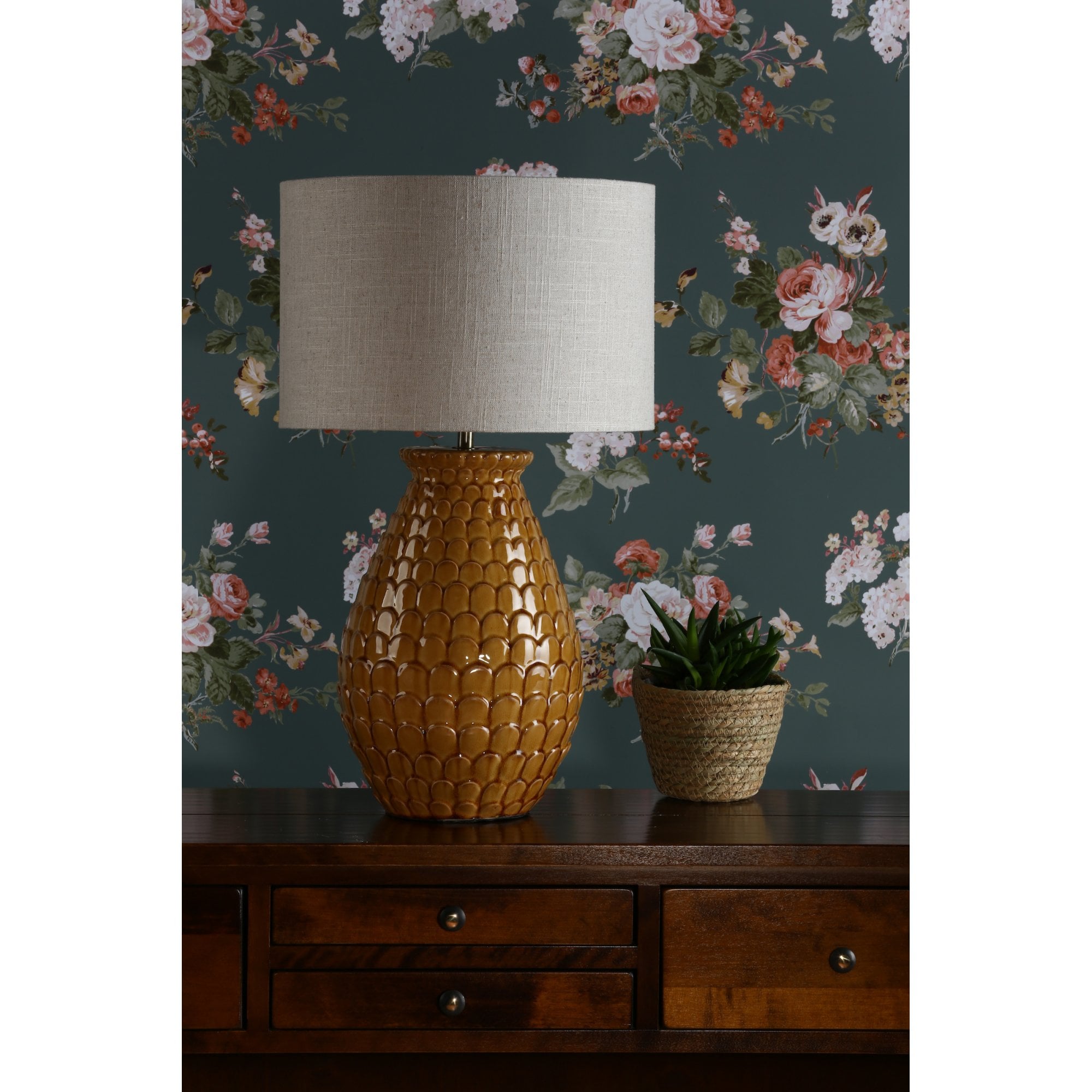 Liza Ceramic Table Lamp In Orange With Natural Linen Shade LA3756082-Q
