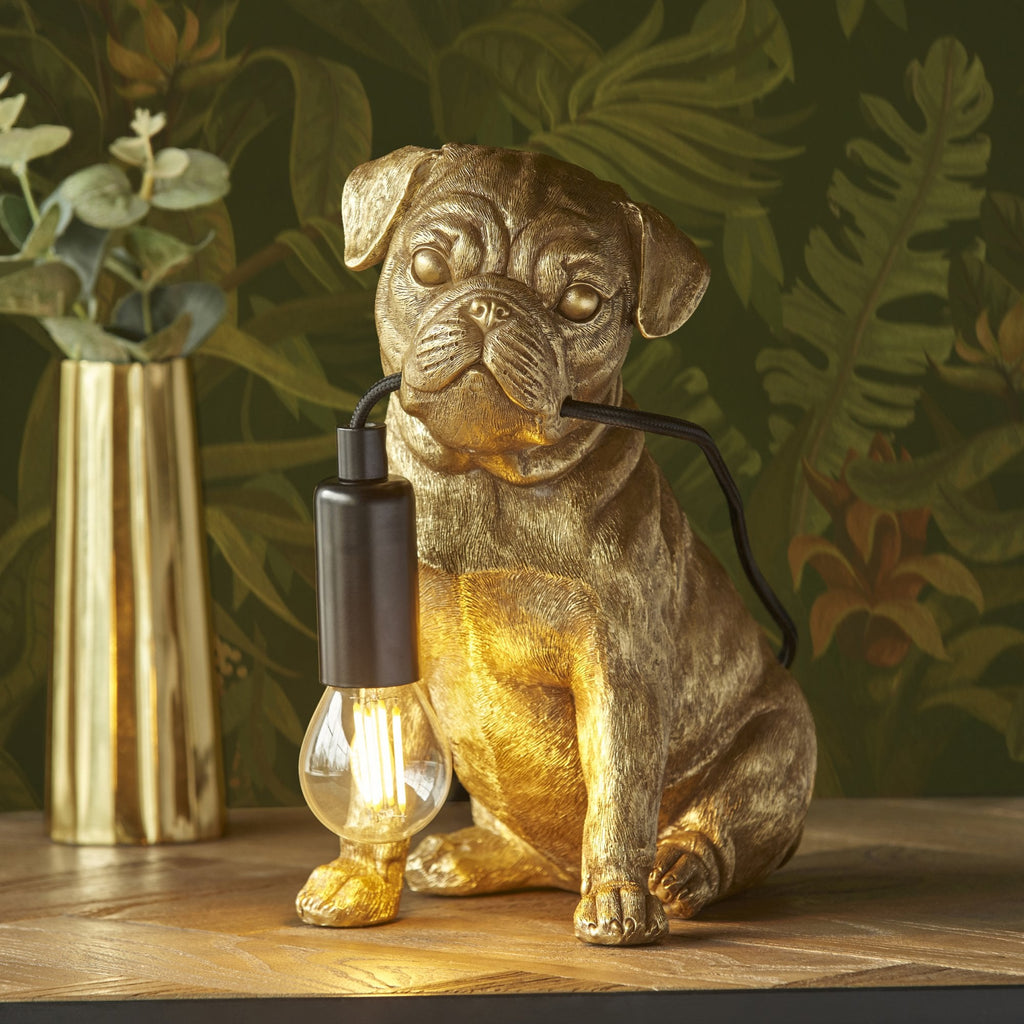 Contemporary Pug Puppy Table Lamp In Vintage Gold And Matt Black 107324