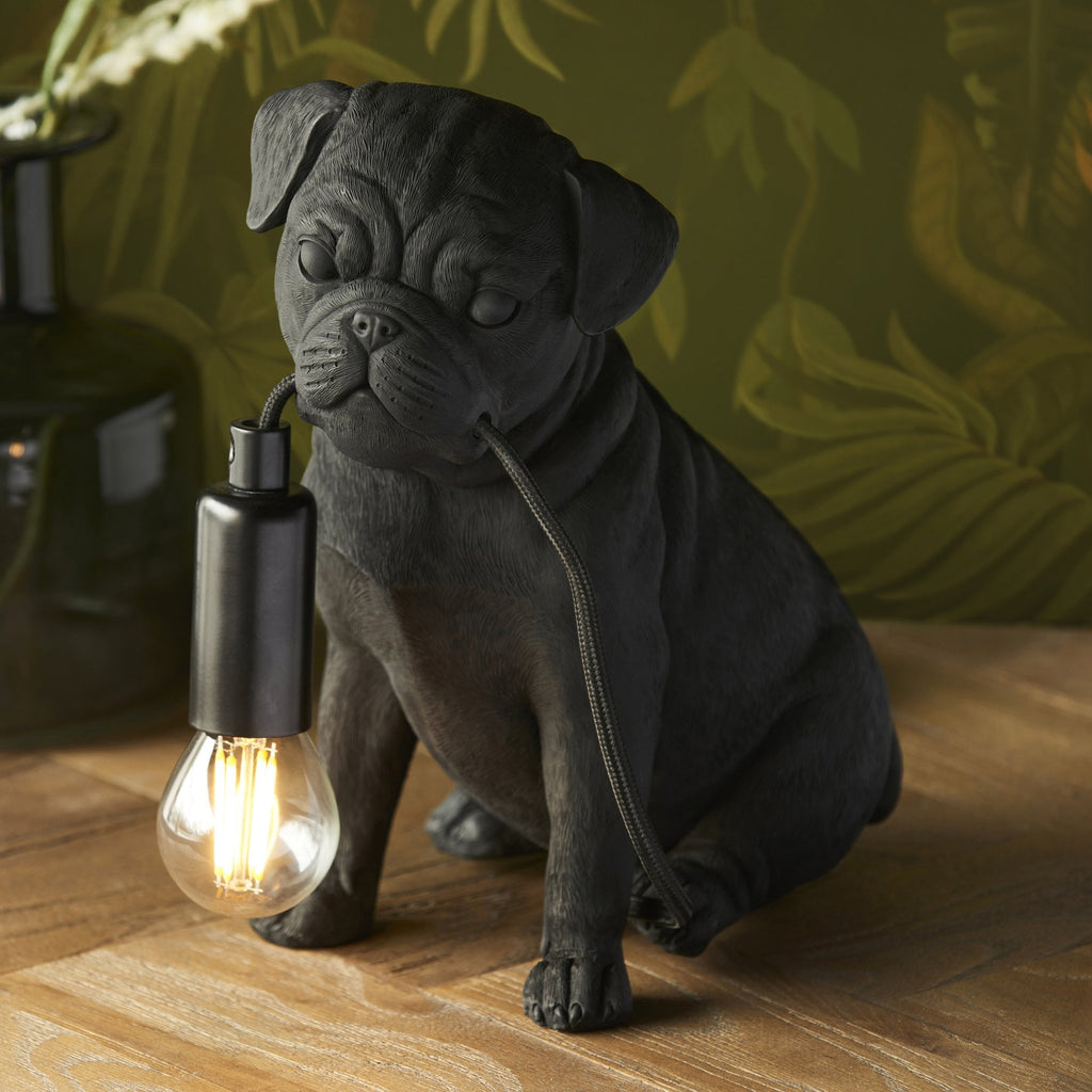 Contemporary Pug Puppy Table Lamp In Matt Black 107325