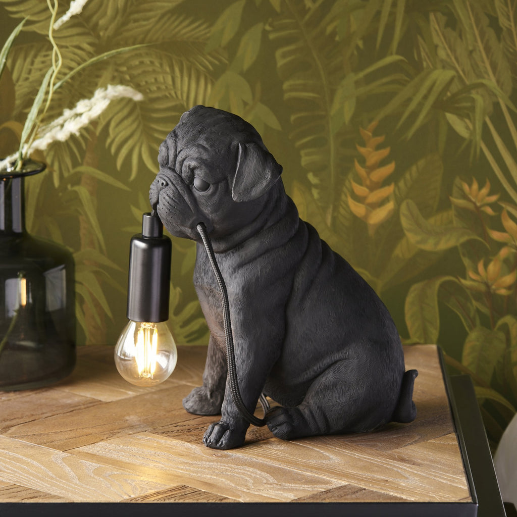 Contemporary Pug Puppy Table Lamp In Matt Black 107325