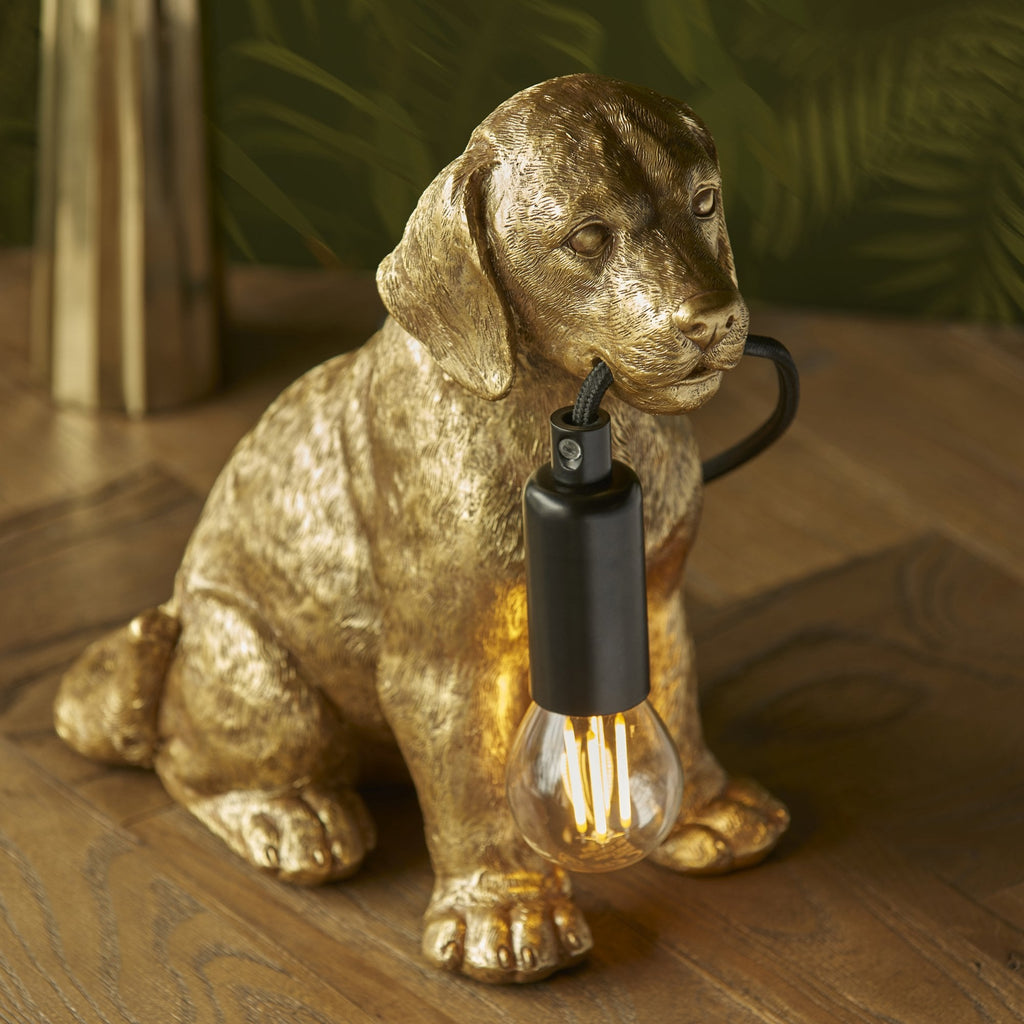 Contemporary Labrador Puppy Table Lamp In Vintage Gold And Matt Black Finish 107364