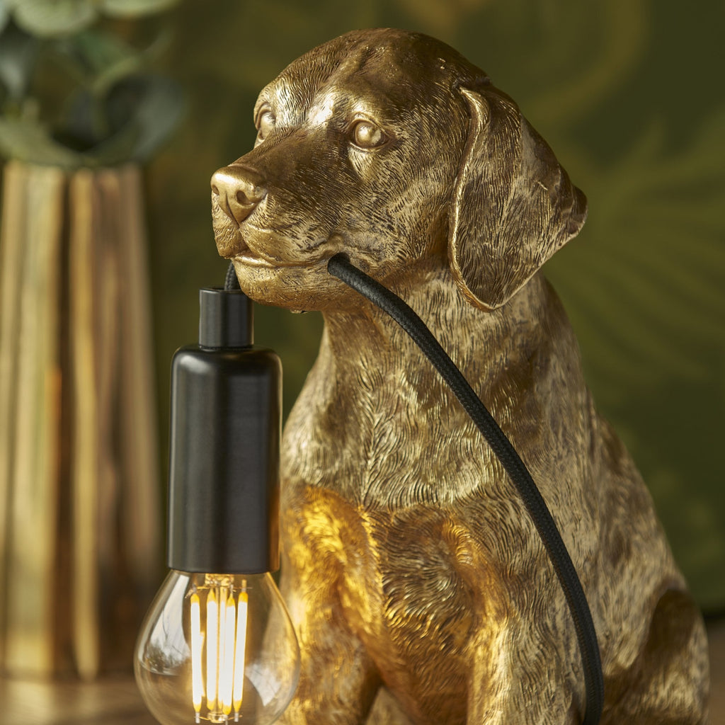 Contemporary Labrador Puppy Table Lamp In Vintage Gold And Matt Black Finish 107364