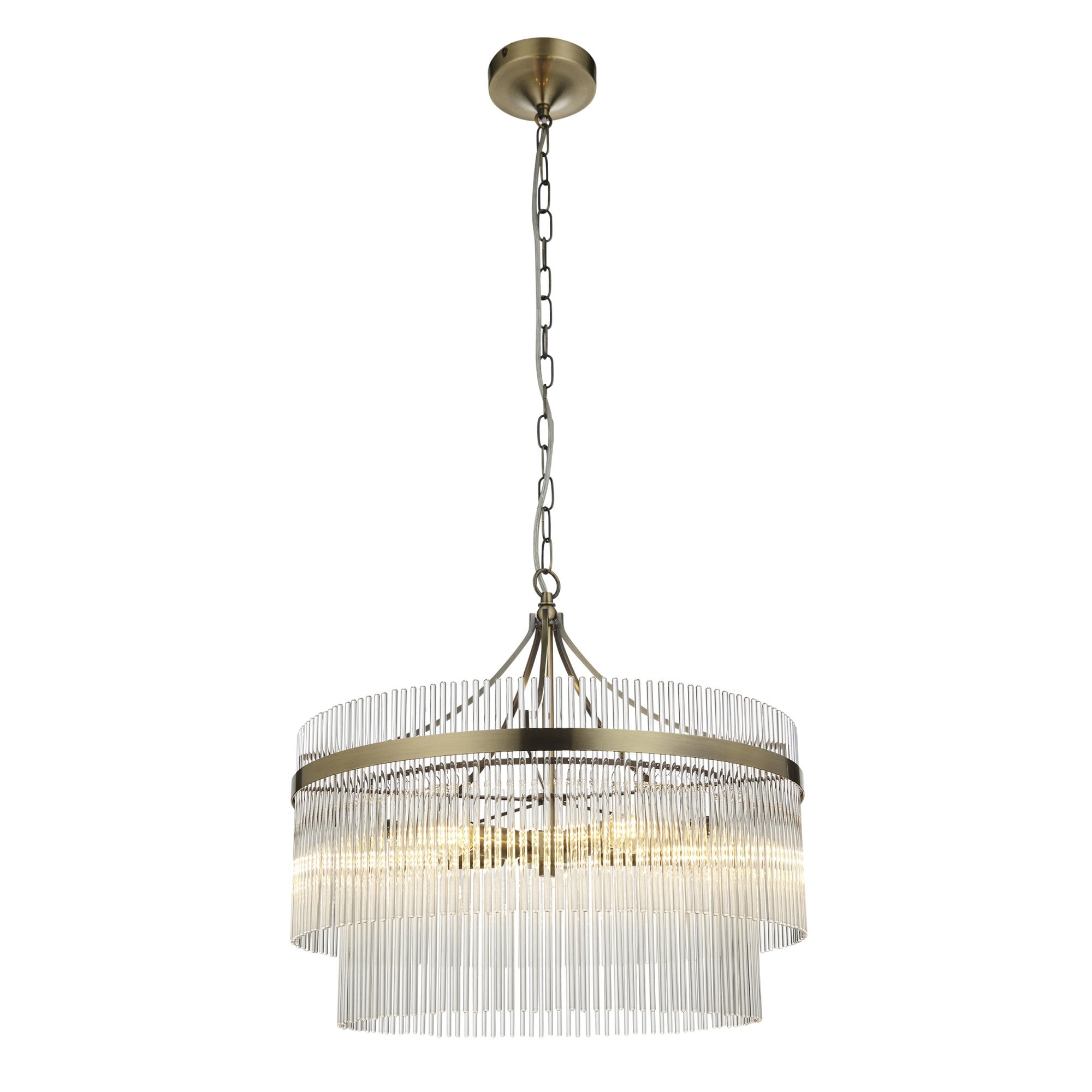 Marietta Modern 5 Light Ceiling Pendant Light In Antique Brass With Clear Glass Rods 99166