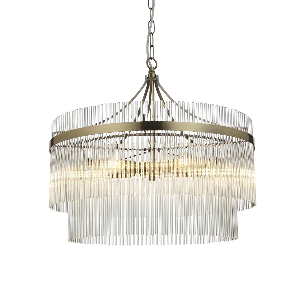 Marietta Modern 5 Light Ceiling Pendant Light In Antique Brass With Clear Glass Rods 99166