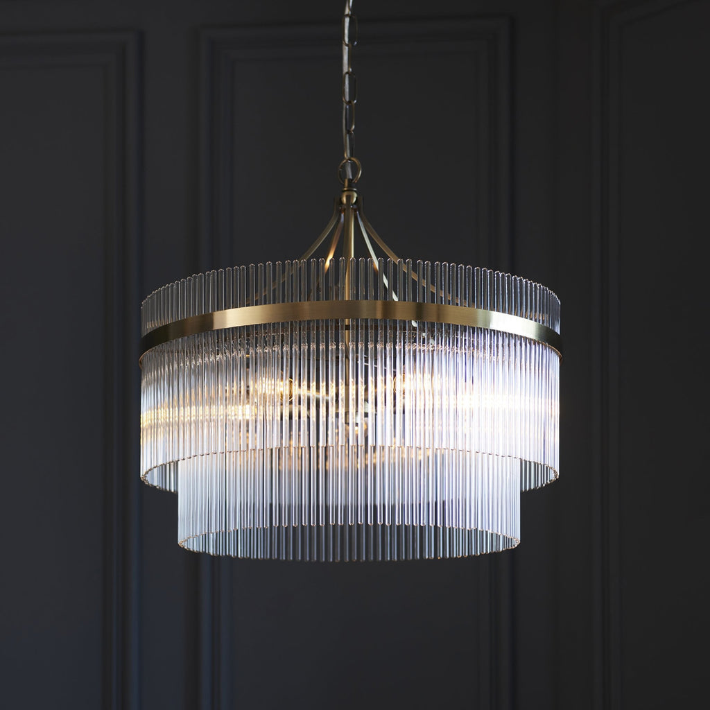 Marietta Modern 5 Light Ceiling Pendant Light In Antique Brass With Clear Glass Rods 99166