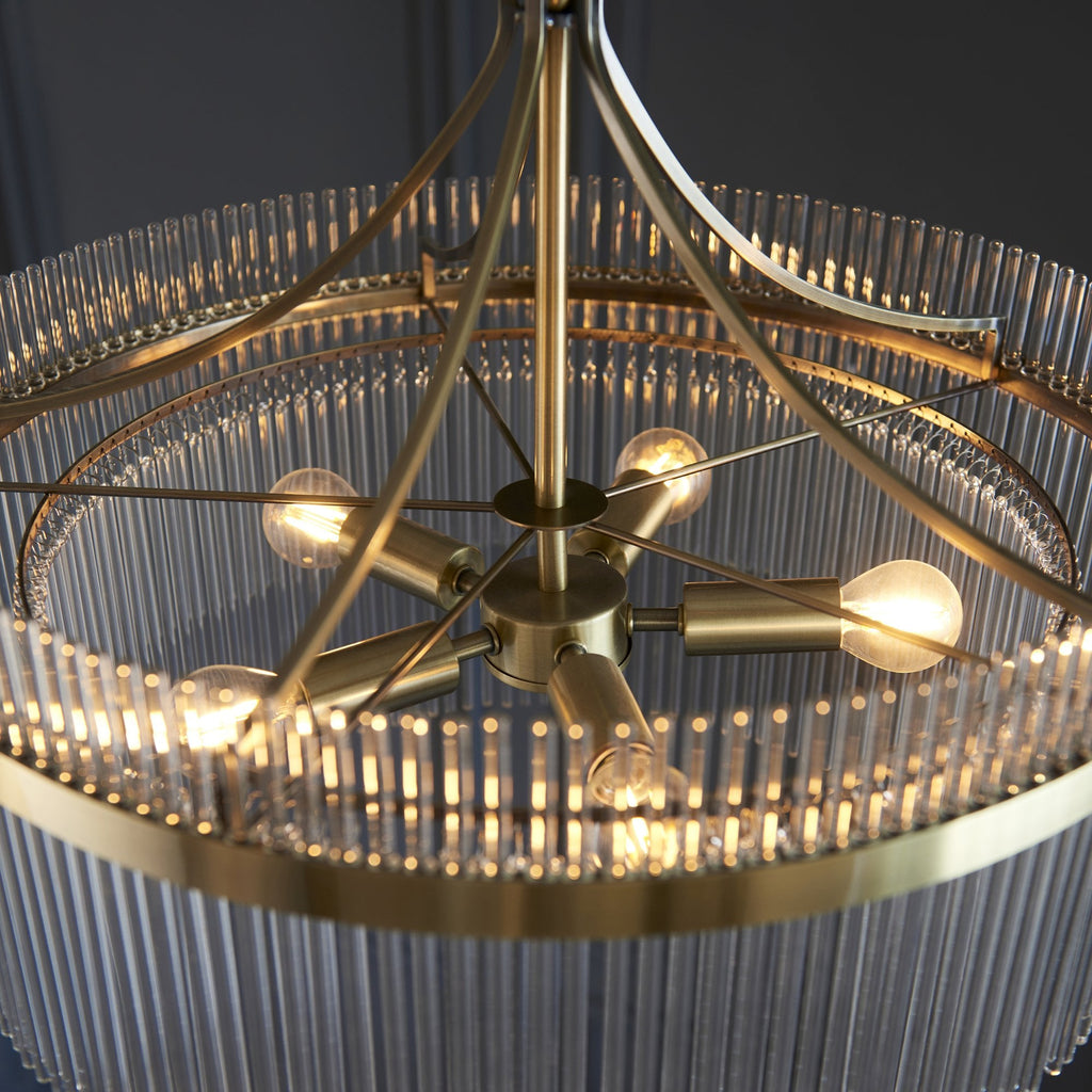 Marietta Modern 5 Light Ceiling Pendant Light In Antique Brass With Clear Glass Rods 99166
