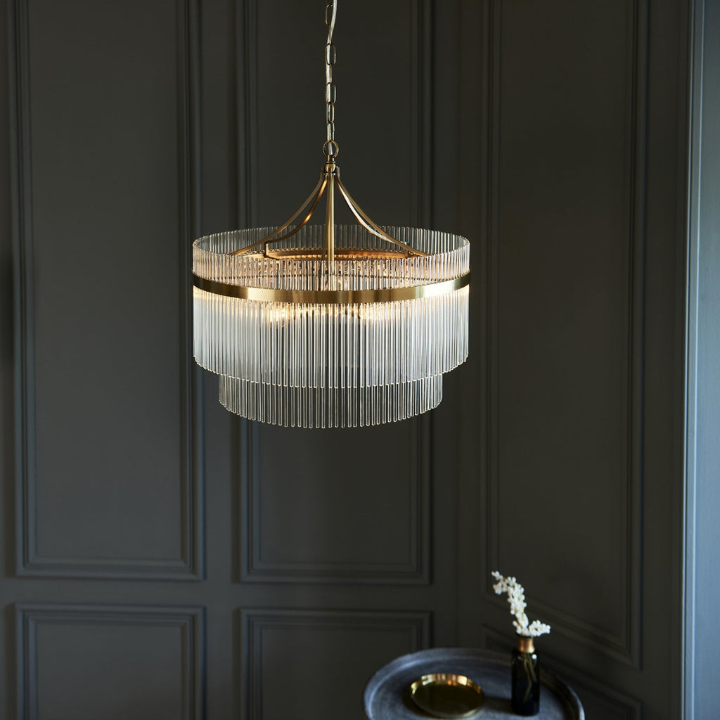 Marietta Modern 5 Light Ceiling Pendant Light In Antique Brass With Clear Glass Rods 99166