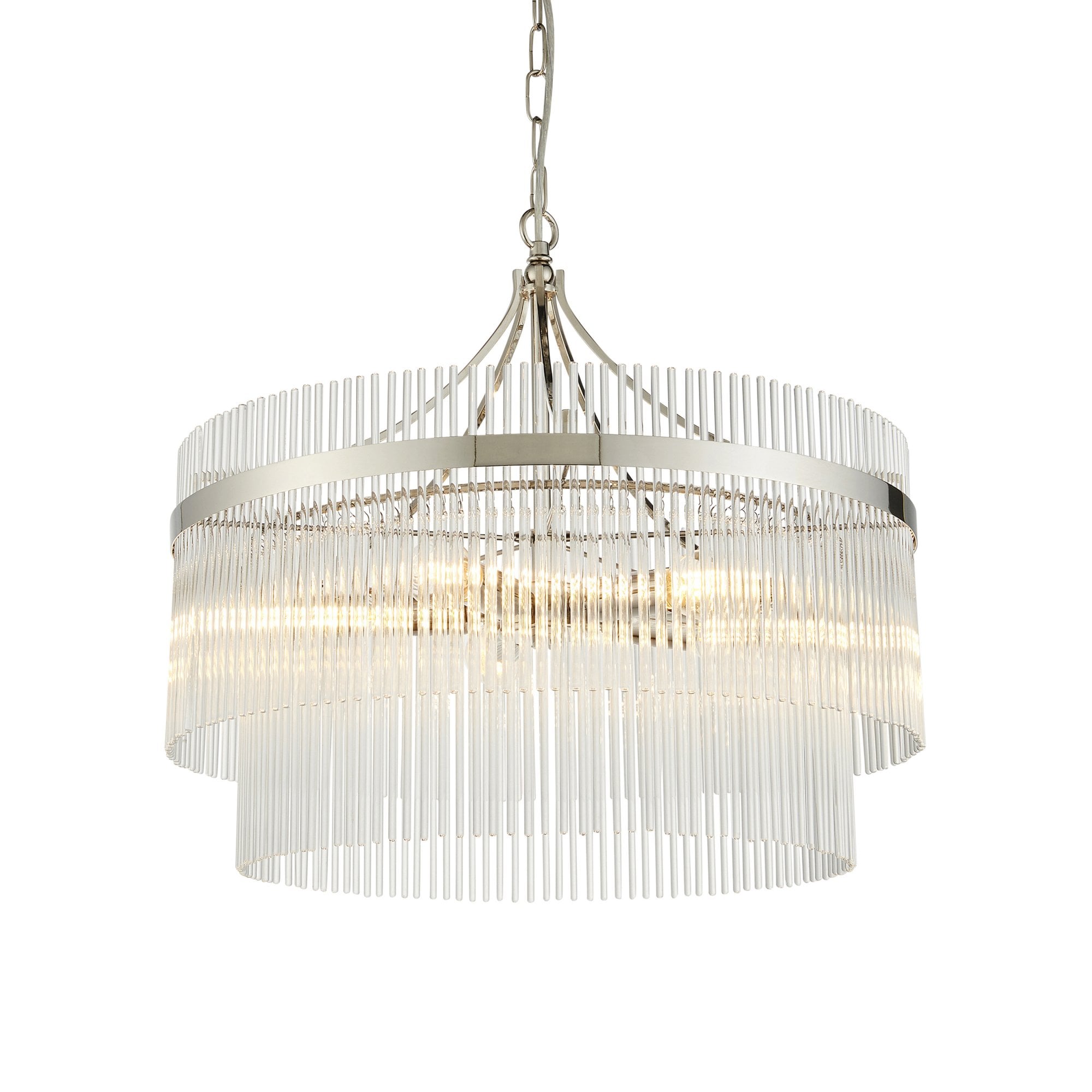 Marietta Modern 5 Light Ceiling Pendant Light In Bright Nickel With Clear Glass Rods 104112