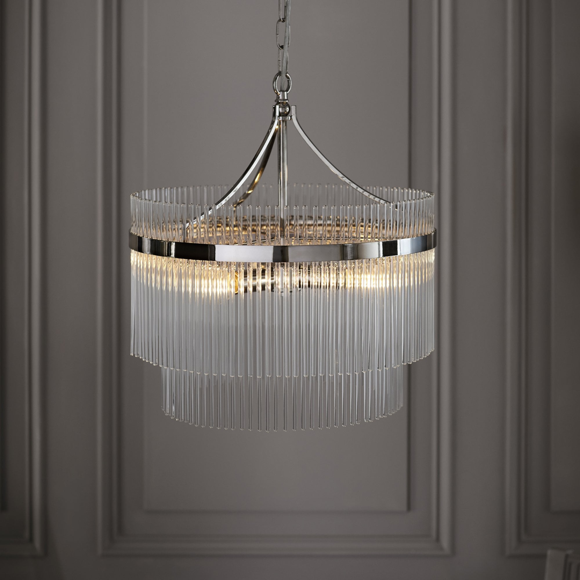 Marietta Modern 5 Light Ceiling Pendant Light In Bright Nickel With Clear Glass Rods 104112