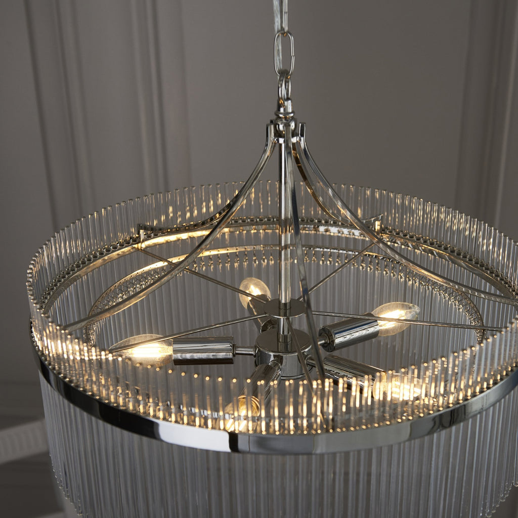 Marietta Modern 5 Light Ceiling Pendant Light In Bright Nickel With Clear Glass Rods 104112