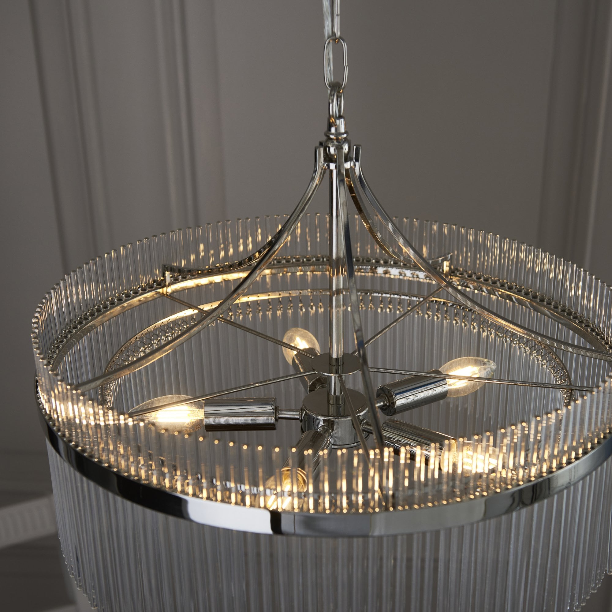Marietta Modern 5 Light Ceiling Pendant Light In Bright Nickel With Clear Glass Rods 104112