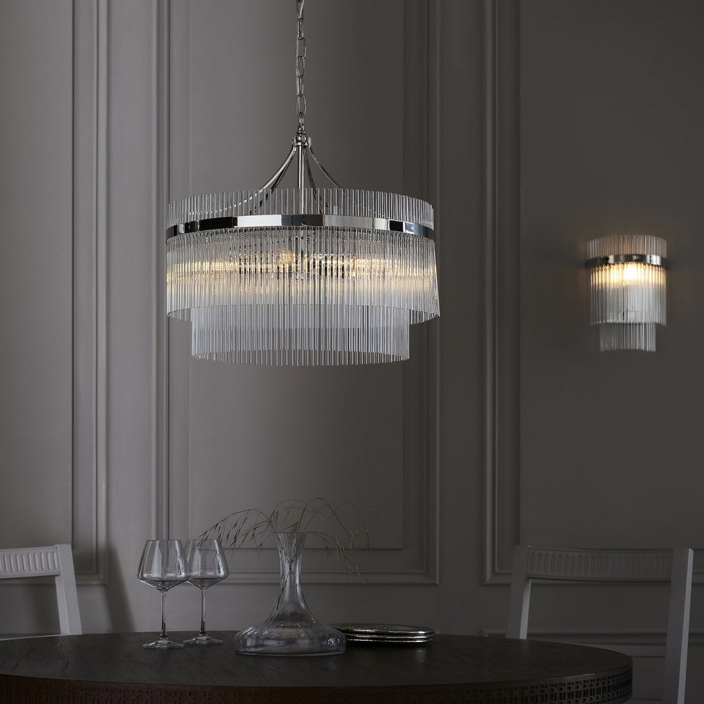 Marietta Modern 5 Light Ceiling Pendant Light In Bright Nickel With Clear Glass Rods 104112