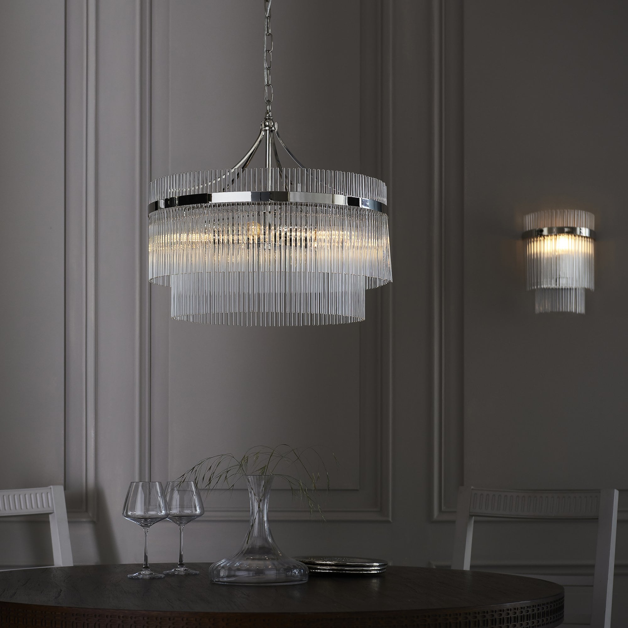 Marietta Modern 5 Light Ceiling Pendant Light In Bright Nickel With Clear Glass Rods 104112