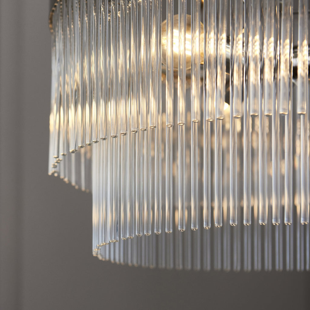 Marietta Modern 5 Light Ceiling Pendant Light In Bright Nickel With Clear Glass Rods 104112