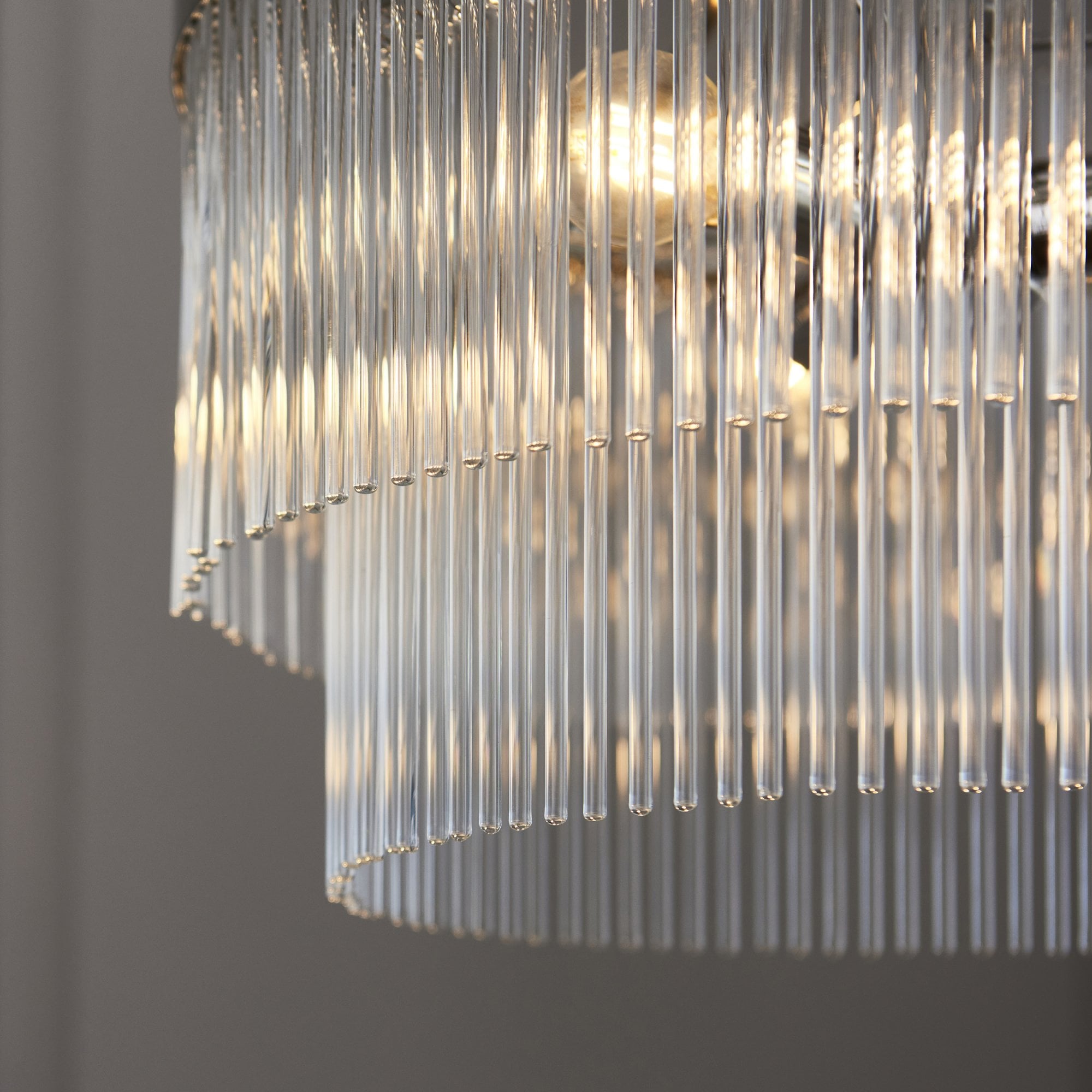 Marietta Modern 5 Light Ceiling Pendant Light In Bright Nickel With Clear Glass Rods 104112
