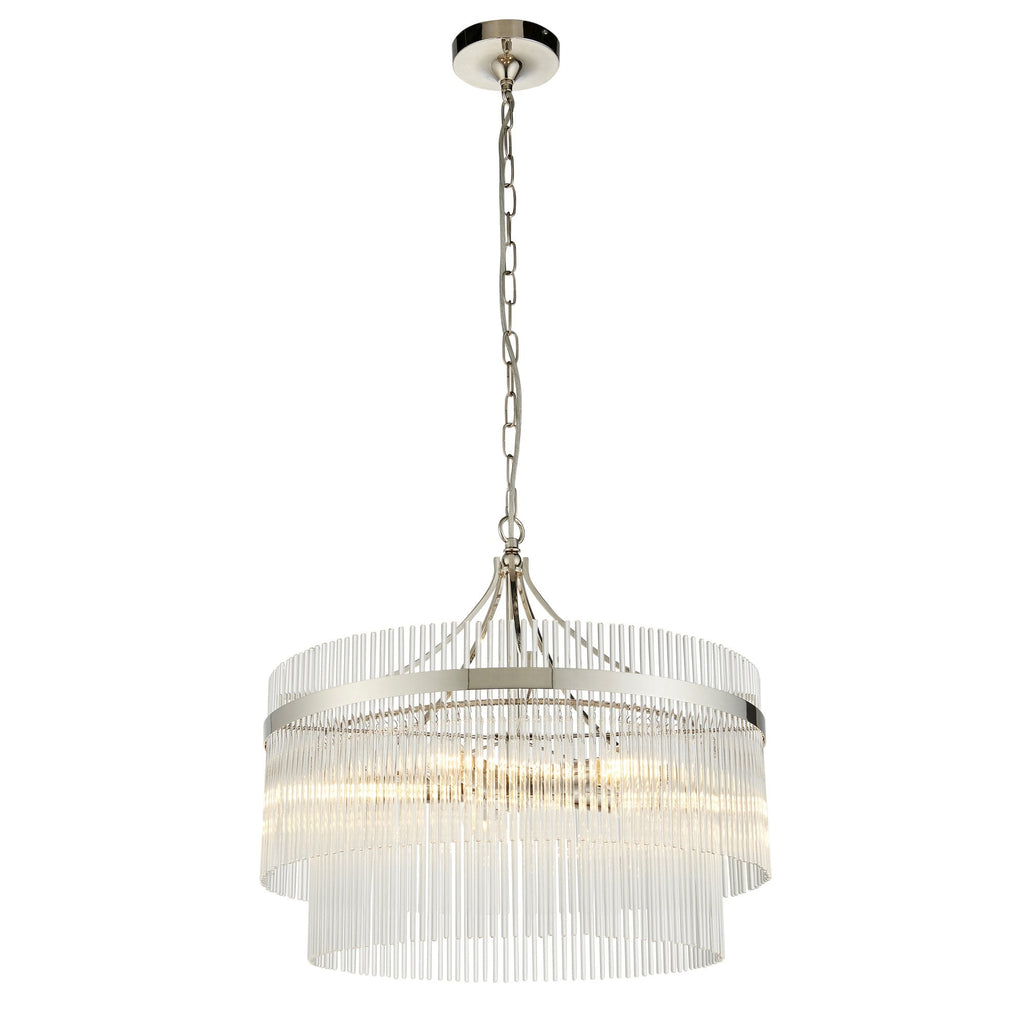 Marietta Modern 5 Light Ceiling Pendant Light In Bright Nickel With Clear Glass Rods 104112