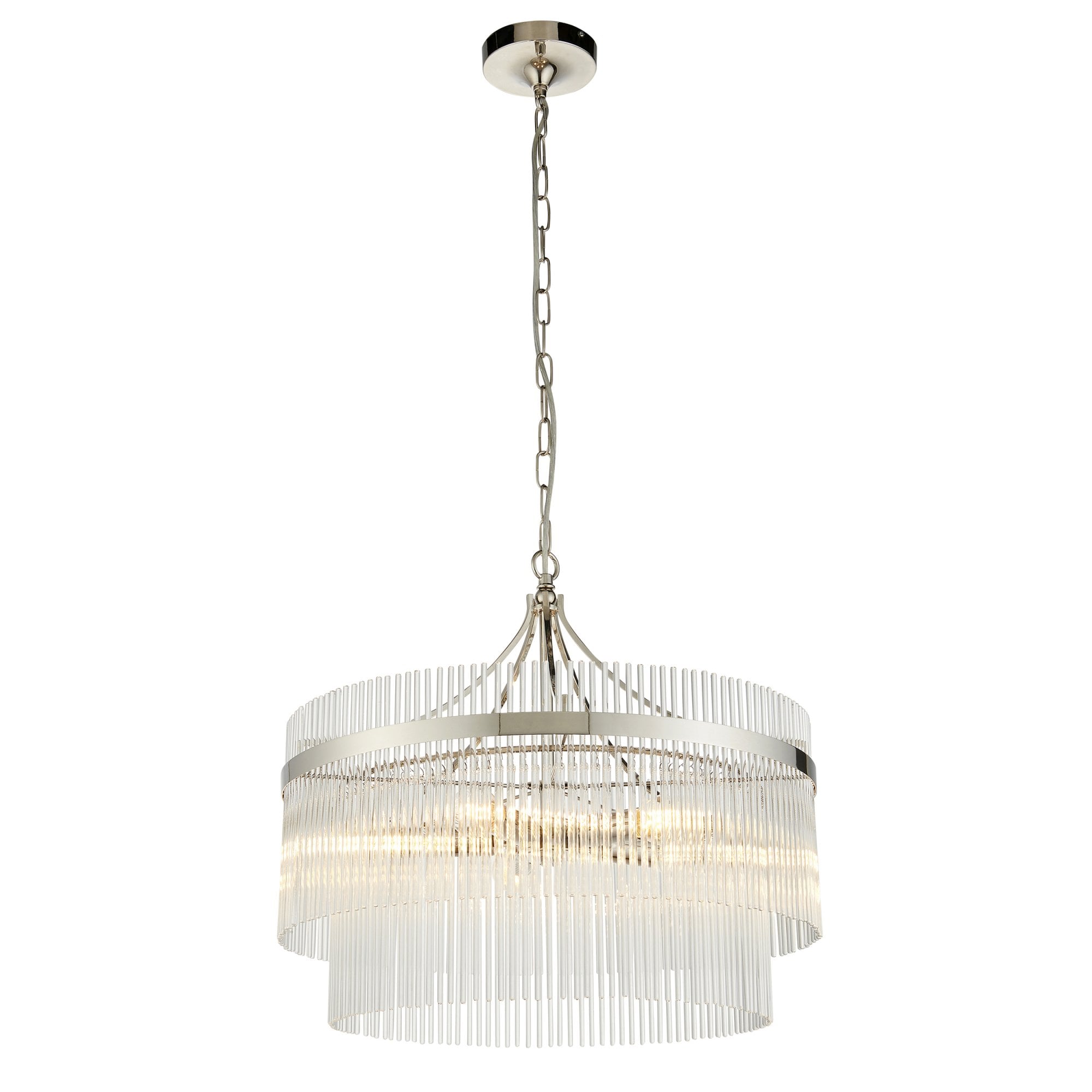 Marietta Modern 5 Light Ceiling Pendant Light In Bright Nickel With Clear Glass Rods 104112