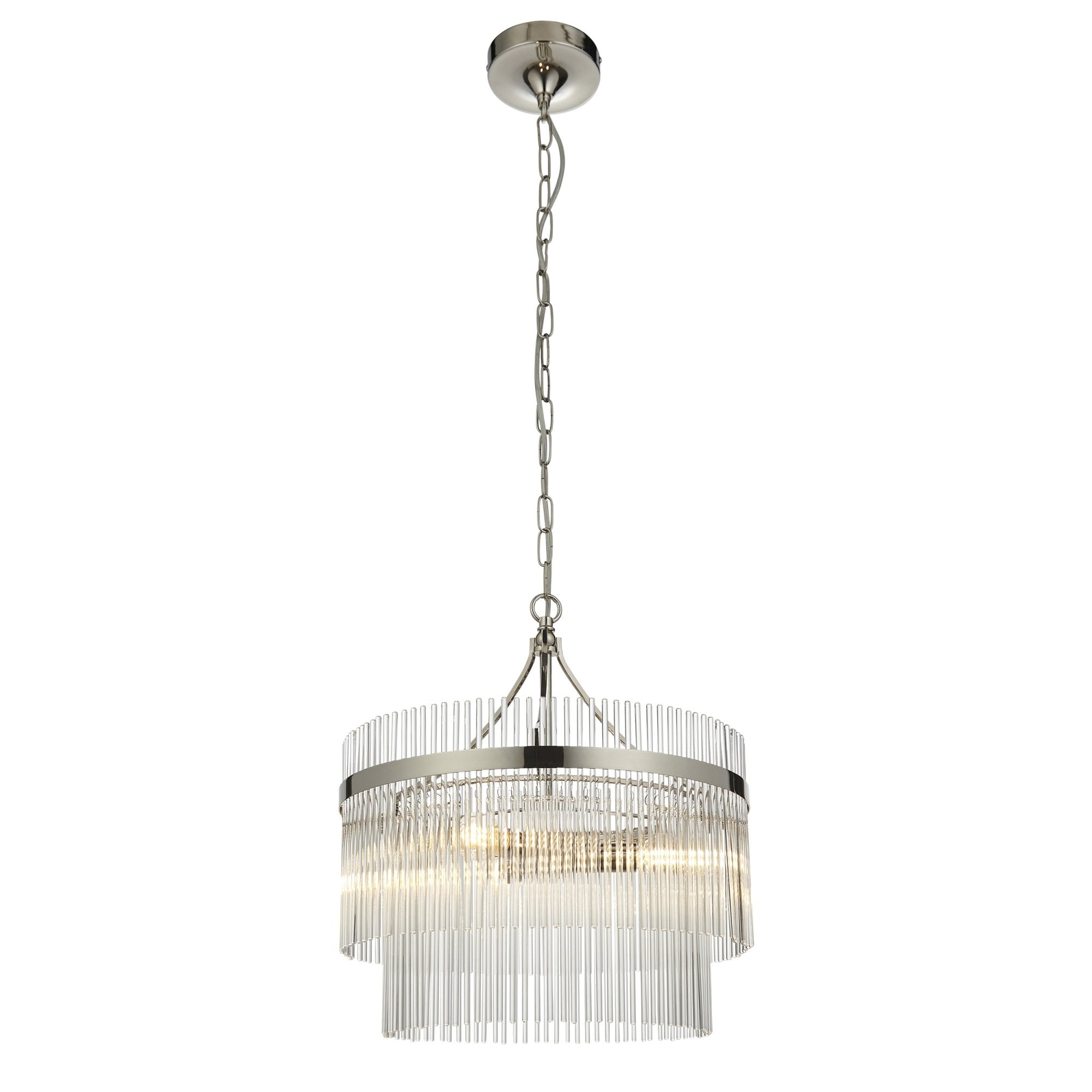 Marietta Modern 3 Light Ceiling Pendant Light In Bright Nickel With Clear Glass Rods 104113
