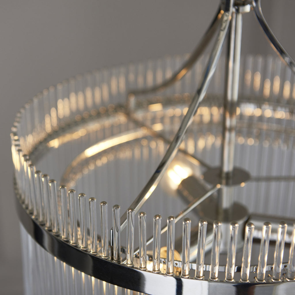 Marietta Modern 3 Light Ceiling Pendant Light In Bright Nickel With Clear Glass Rods 104113