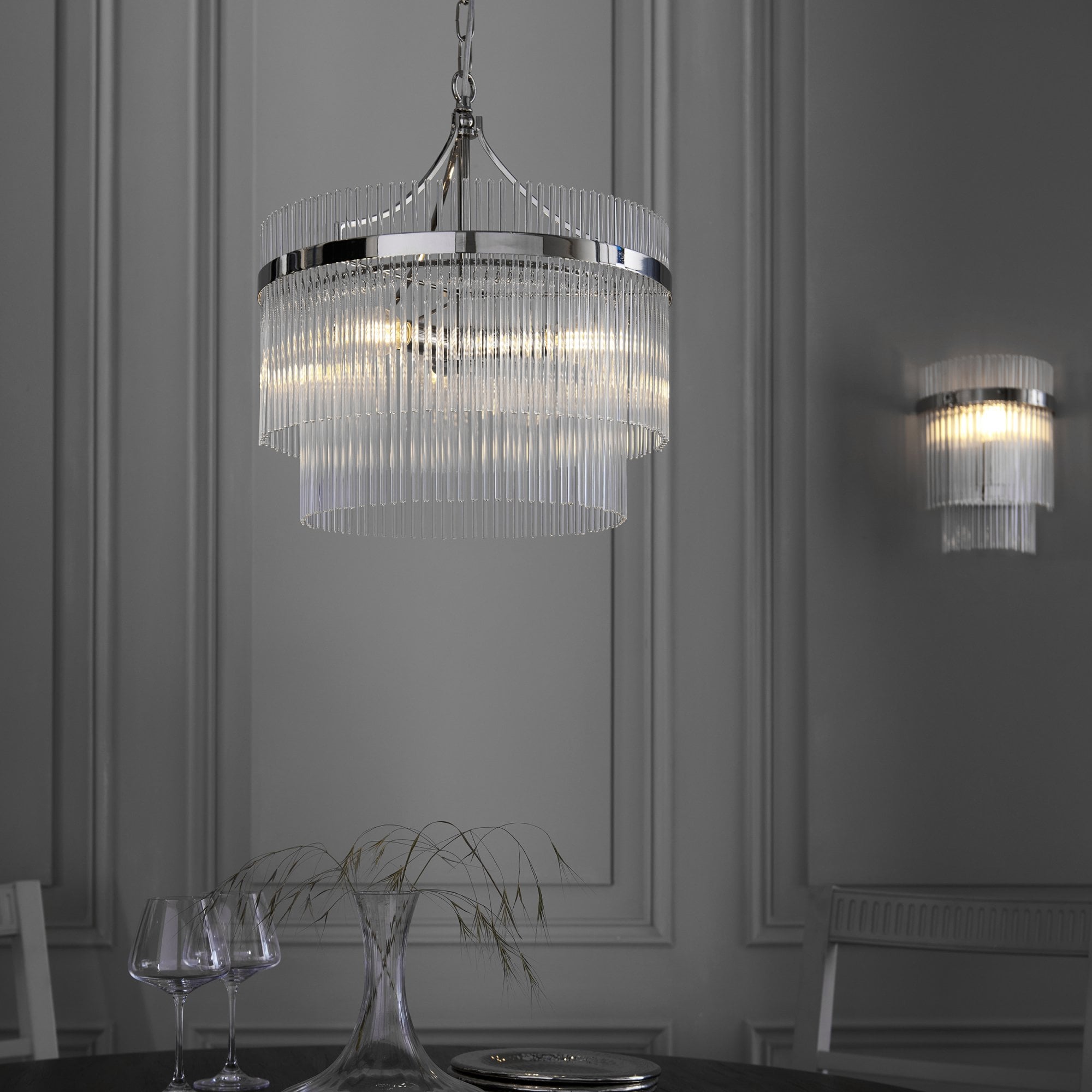 Marietta Modern 3 Light Ceiling Pendant Light In Bright Nickel With Clear Glass Rods 104113