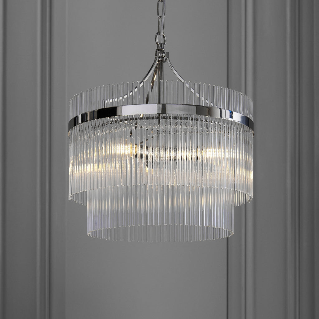Marietta Modern 3 Light Ceiling Pendant Light In Bright Nickel With Clear Glass Rods 104113
