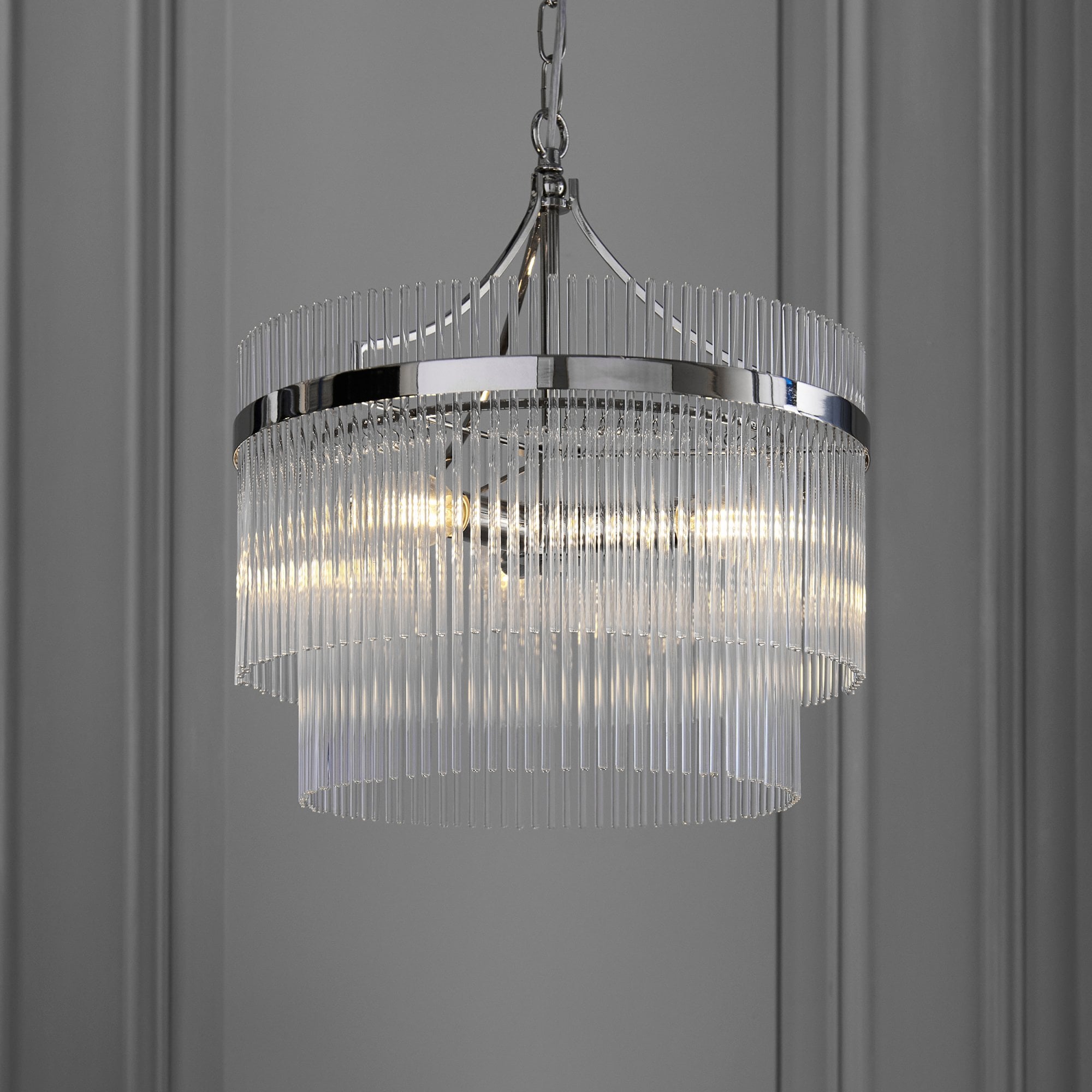 Marietta Modern 3 Light Ceiling Pendant Light In Bright Nickel With Clear Glass Rods 104113