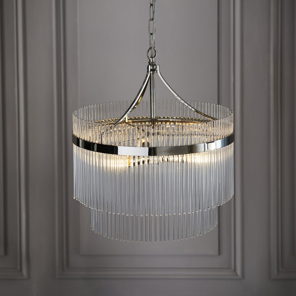 Marietta Modern 3 Light Ceiling Pendant Light In Bright Nickel With Clear Glass Rods 104113