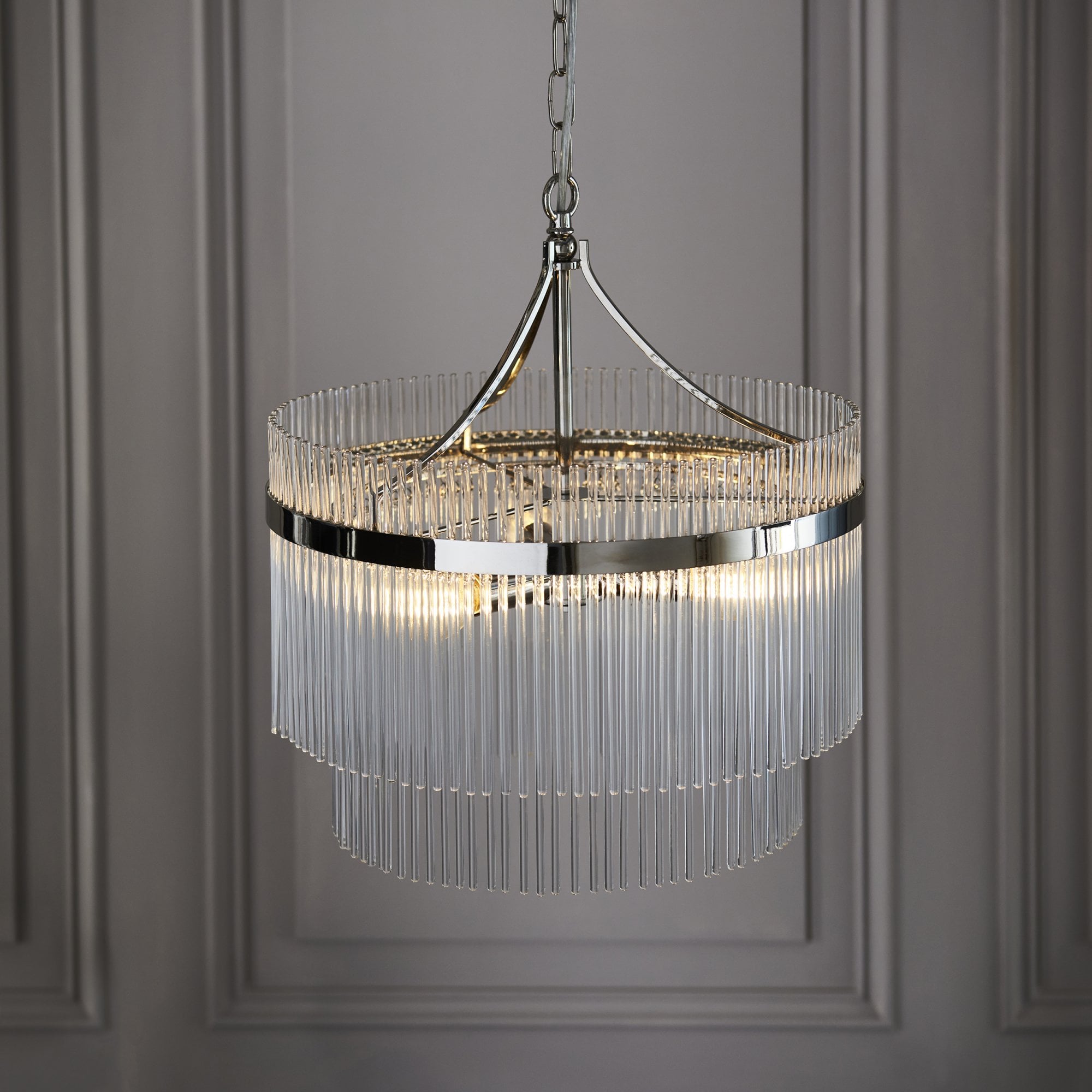 Marietta Modern 3 Light Ceiling Pendant Light In Bright Nickel With Clear Glass Rods 104113