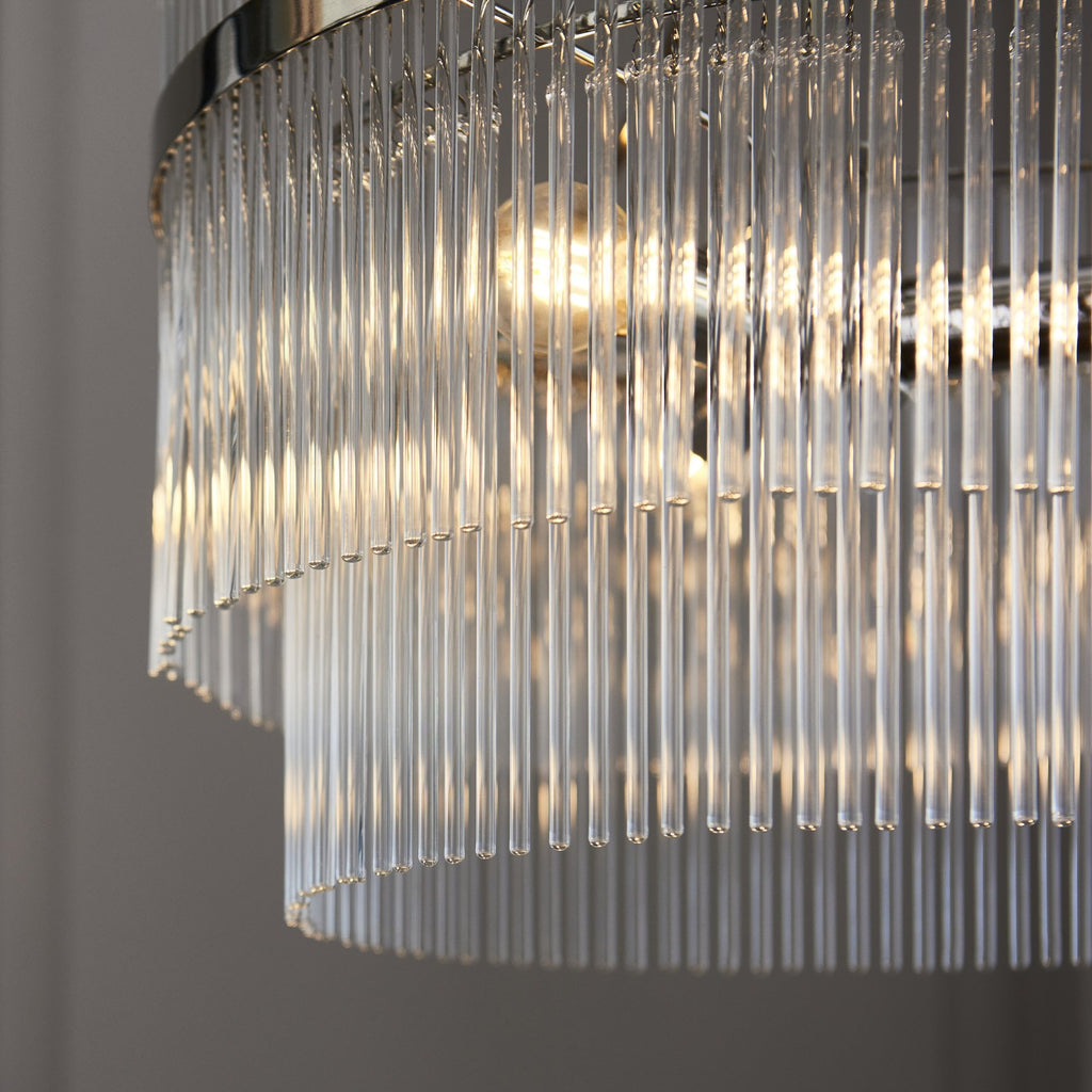 Marietta Modern 3 Light Ceiling Pendant Light In Bright Nickel With Clear Glass Rods 104113