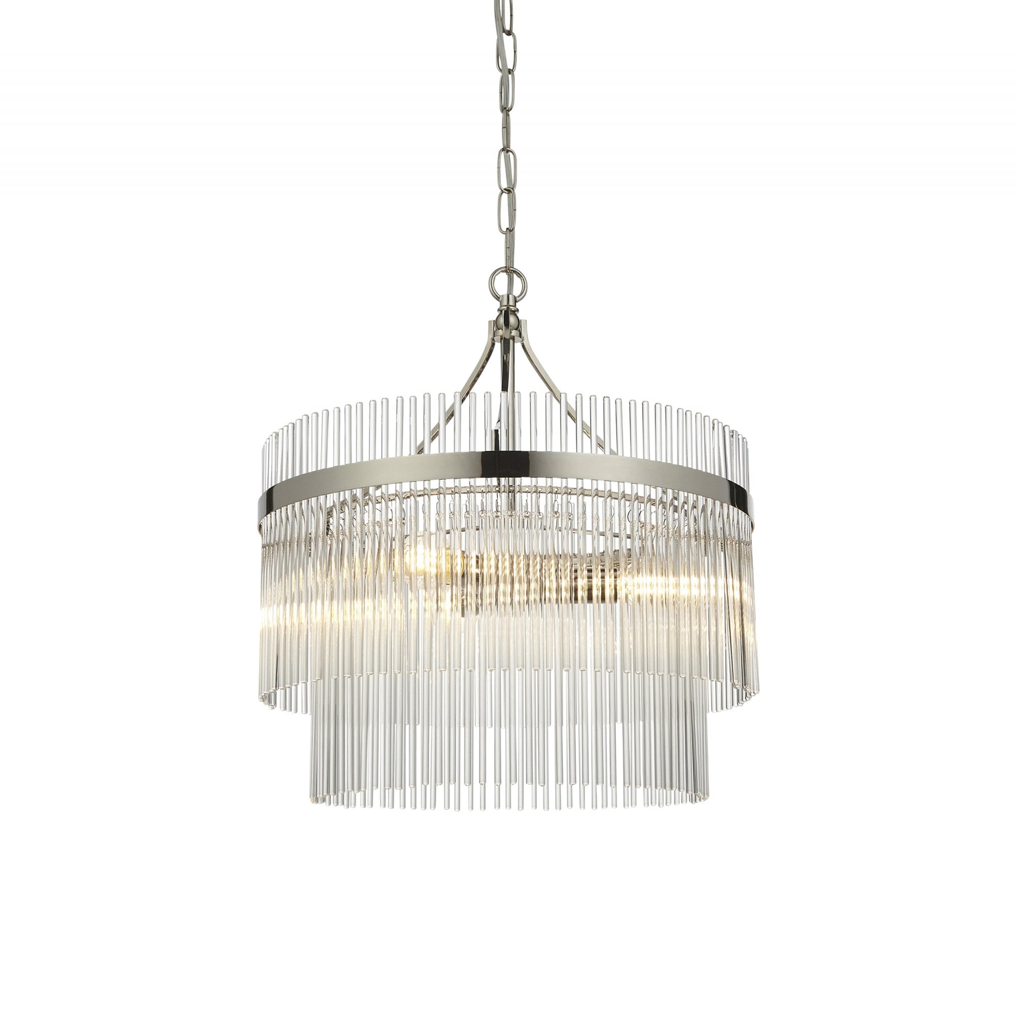 Marietta Modern 3 Light Ceiling Pendant Light In Bright Nickel With Clear Glass Rods 104113