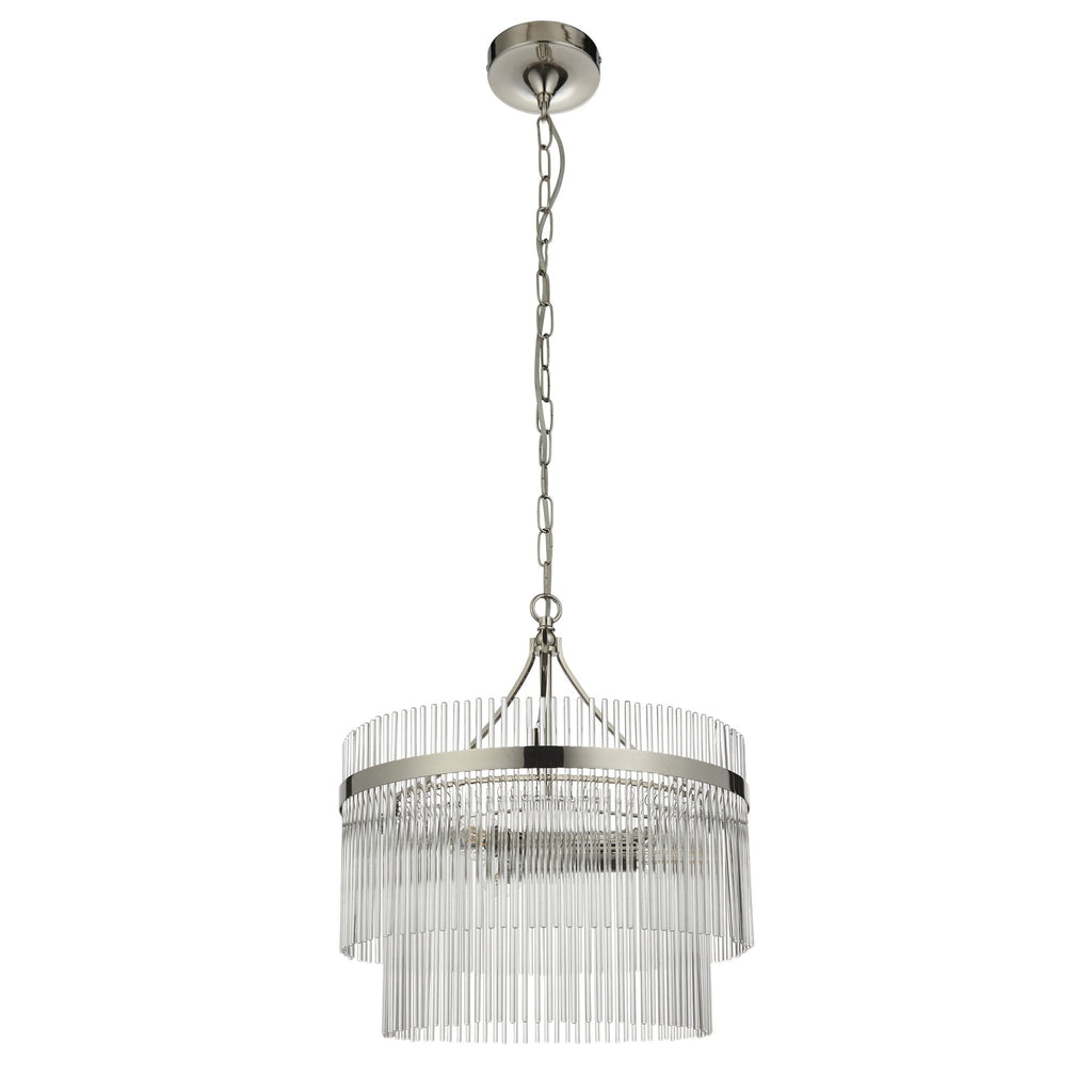 Marietta Modern 3 Light Ceiling Pendant Light In Bright Nickel With Clear Glass Rods 104113