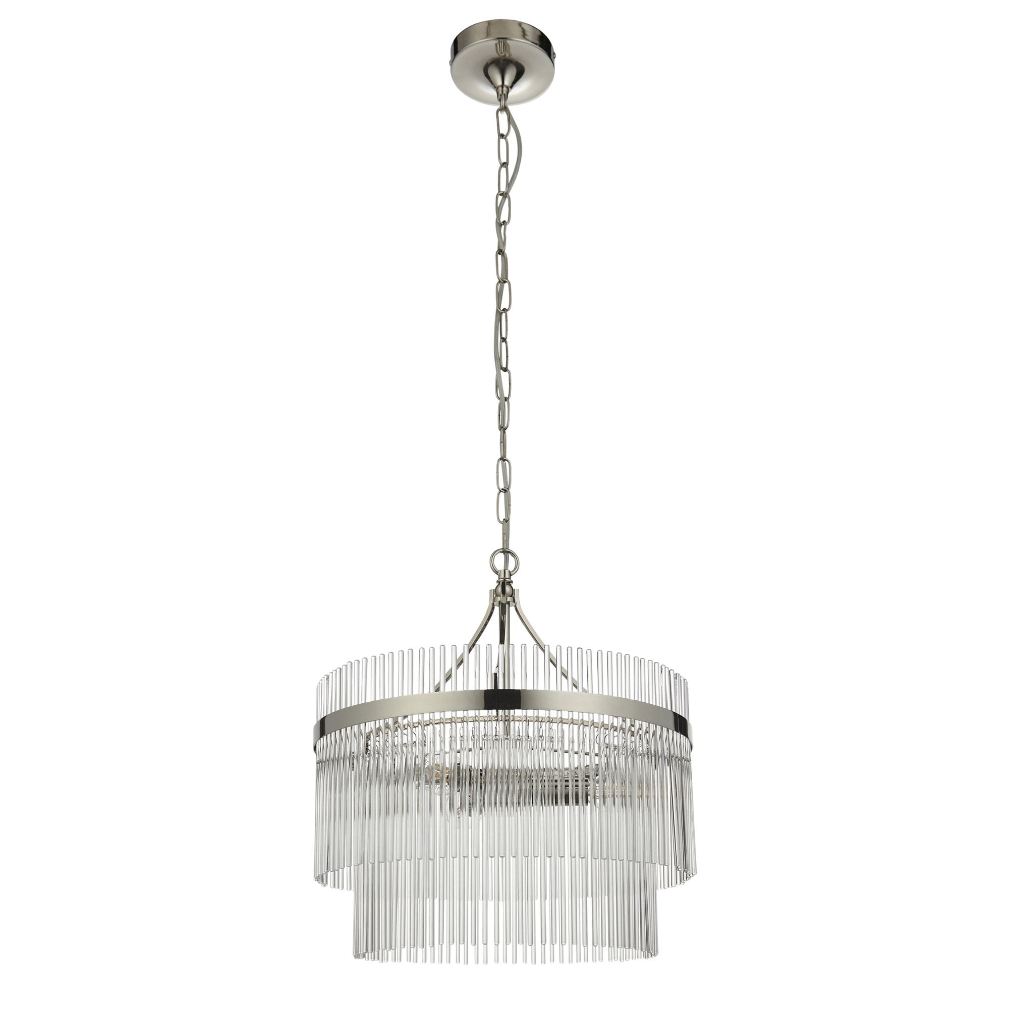 Marietta Modern 3 Light Ceiling Pendant Light In Bright Nickel With Clear Glass Rods 104113