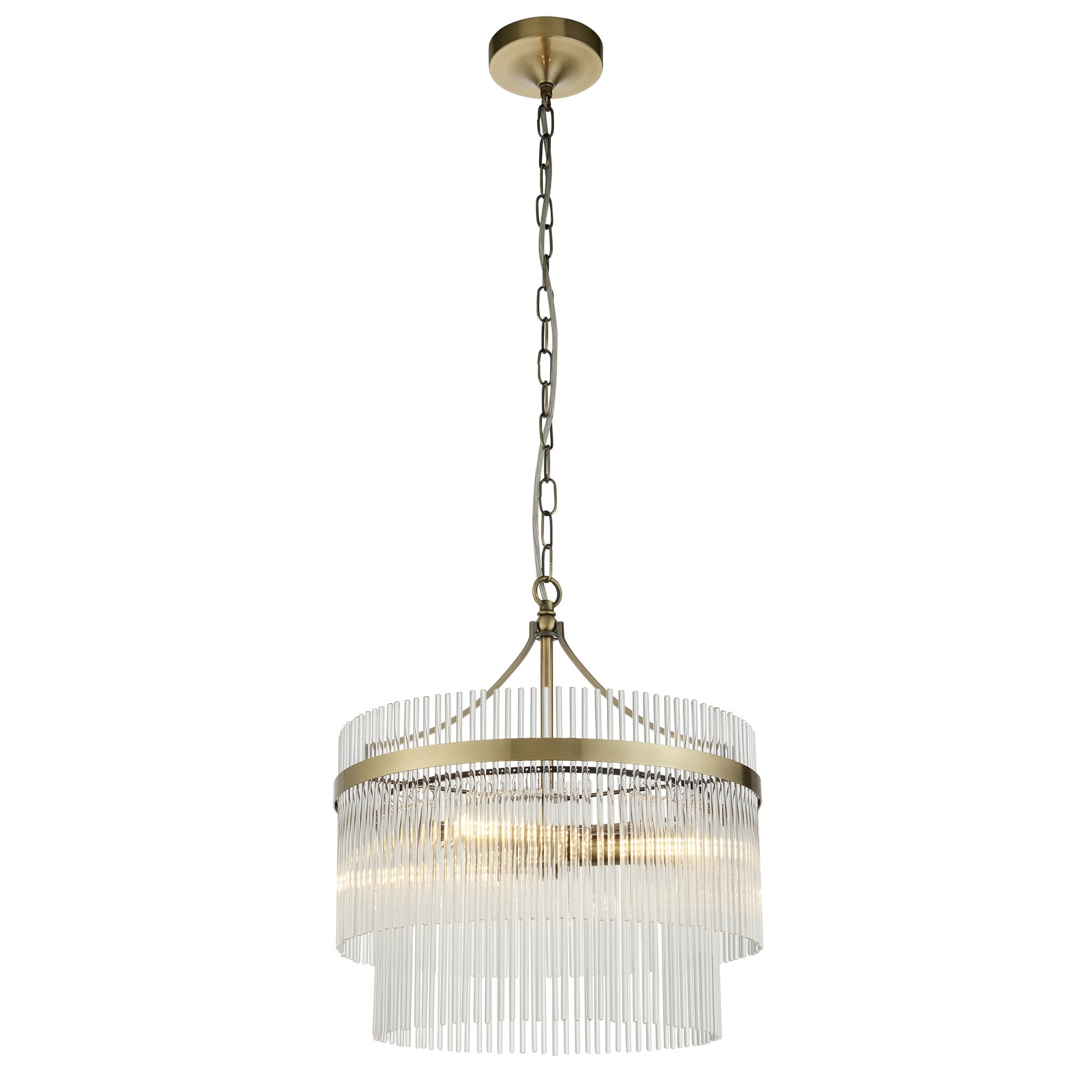 Marietta Modern 3 Light Ceiling Pendant Light In Antique Brass With Clear Glass Rods 99167