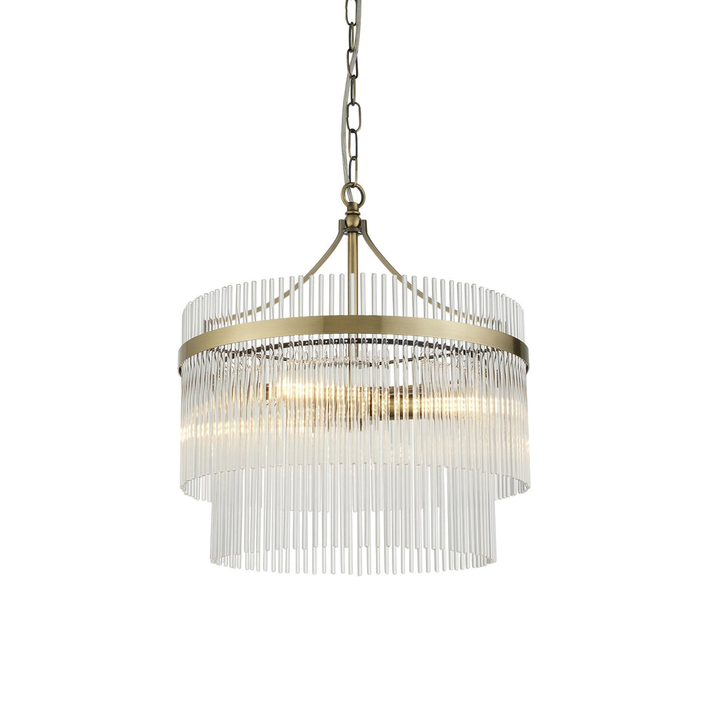 Marietta Modern 3 Light Ceiling Pendant Light In Antique Brass With Clear Glass Rods 99167