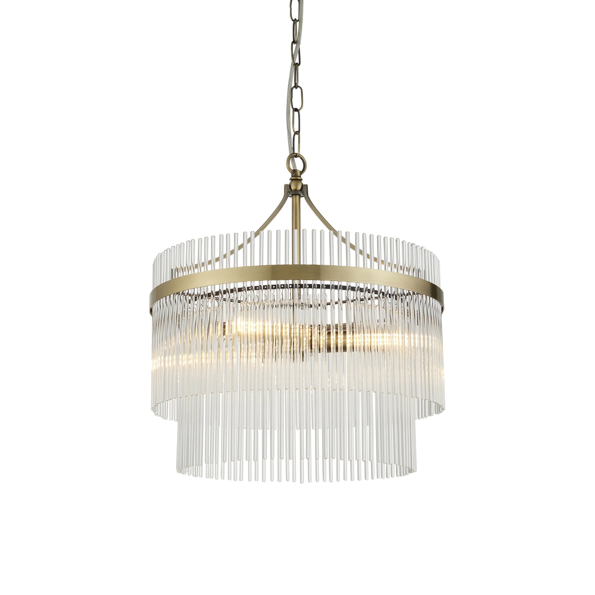 Marietta Modern 3 Light Ceiling Pendant Light In Antique Brass With Clear Glass Rods 99167