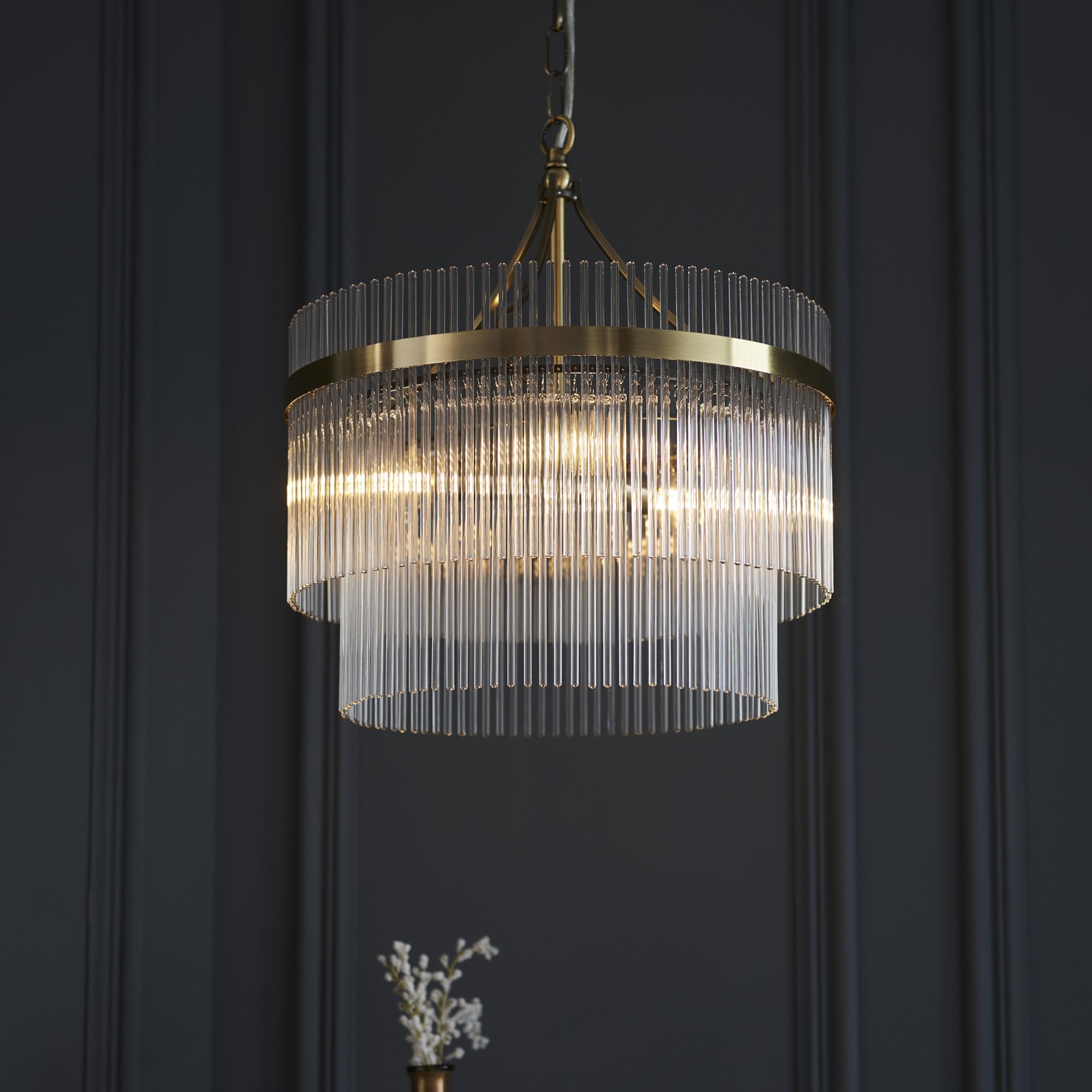 Marietta Modern 3 Light Ceiling Pendant Light In Antique Brass With Clear Glass Rods 99167