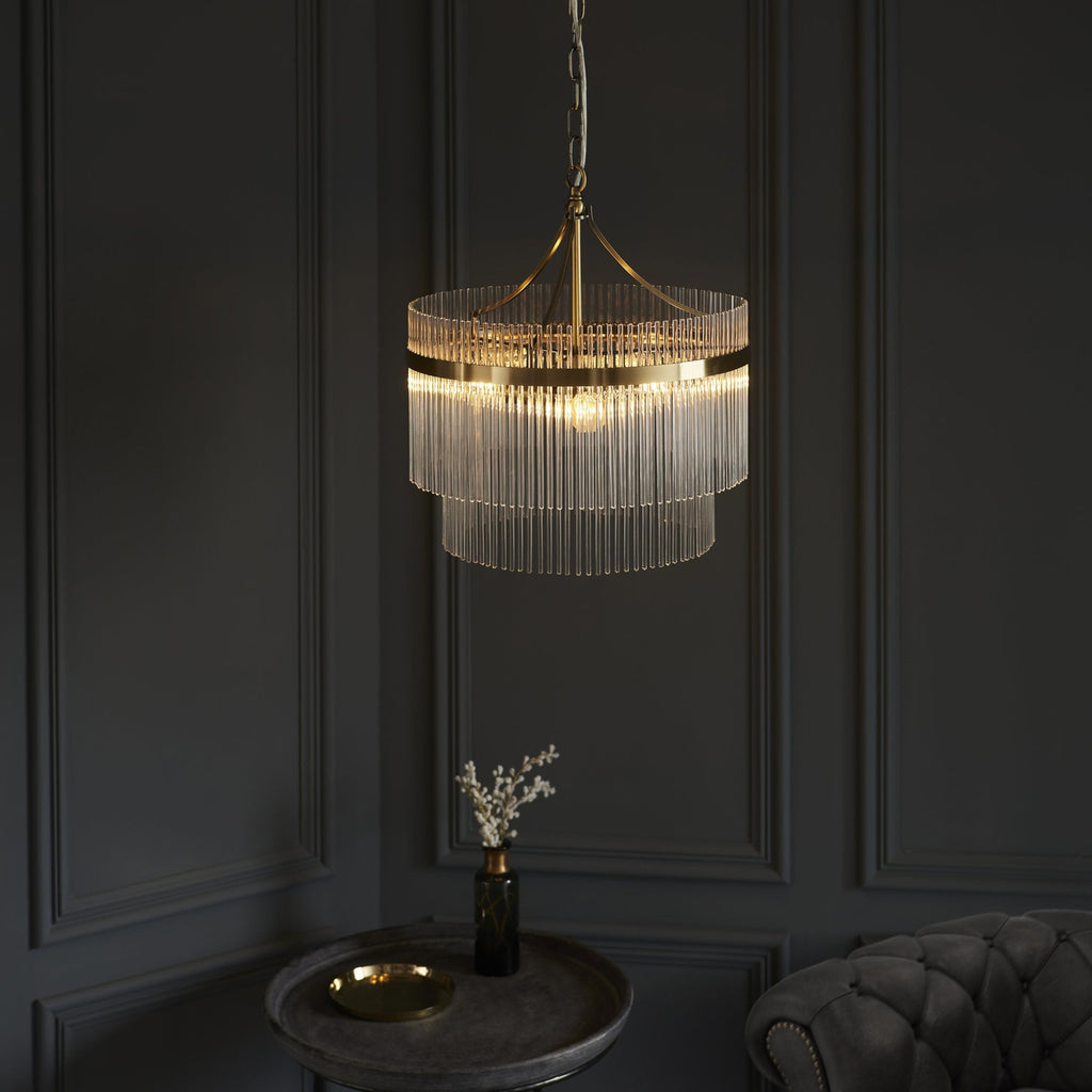 Marietta Modern 3 Light Ceiling Pendant Light In Antique Brass With Clear Glass Rods 99167