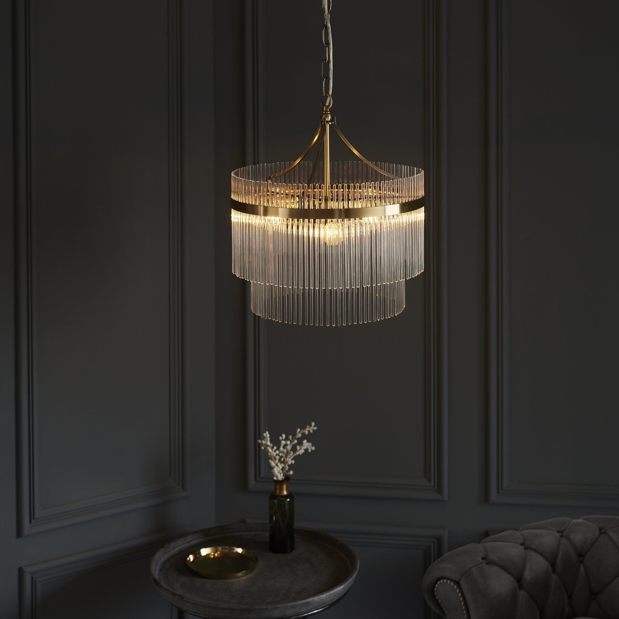 Marietta Modern 3 Light Ceiling Pendant Light In Antique Brass With Clear Glass Rods 99167
