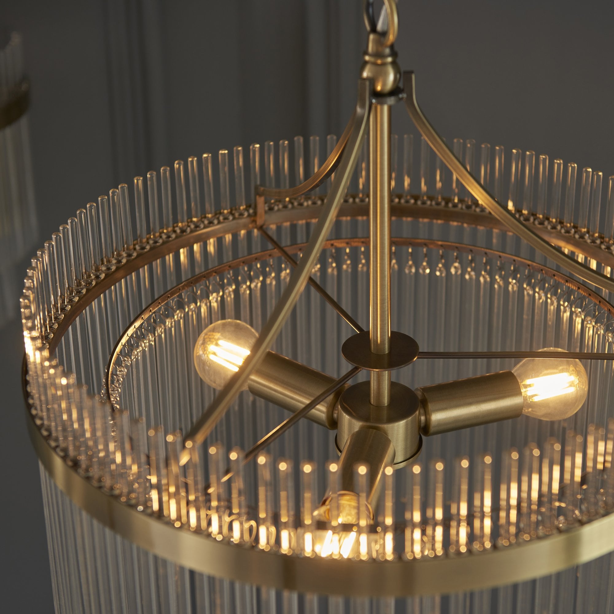 Marietta Modern 3 Light Ceiling Pendant Light In Antique Brass With Clear Glass Rods 99167
