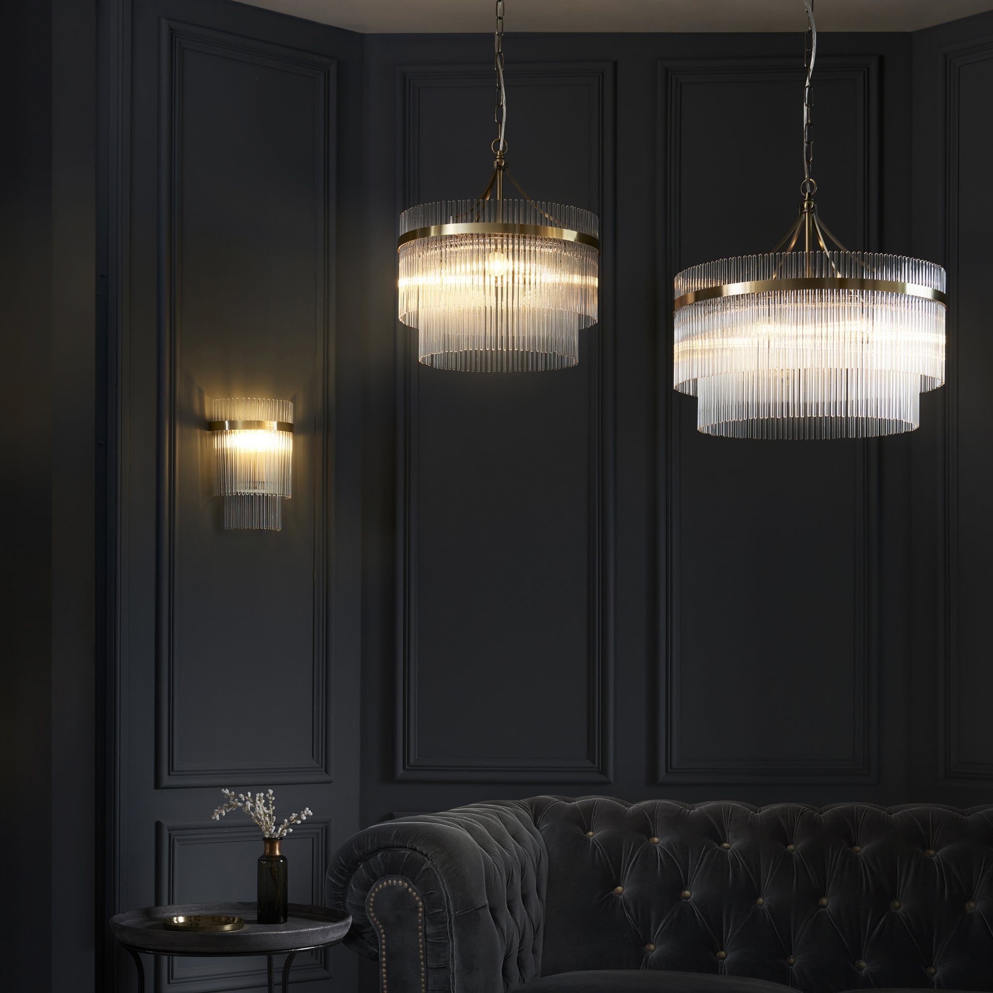 Marietta Modern 3 Light Ceiling Pendant Light In Antique Brass With Clear Glass Rods 99167