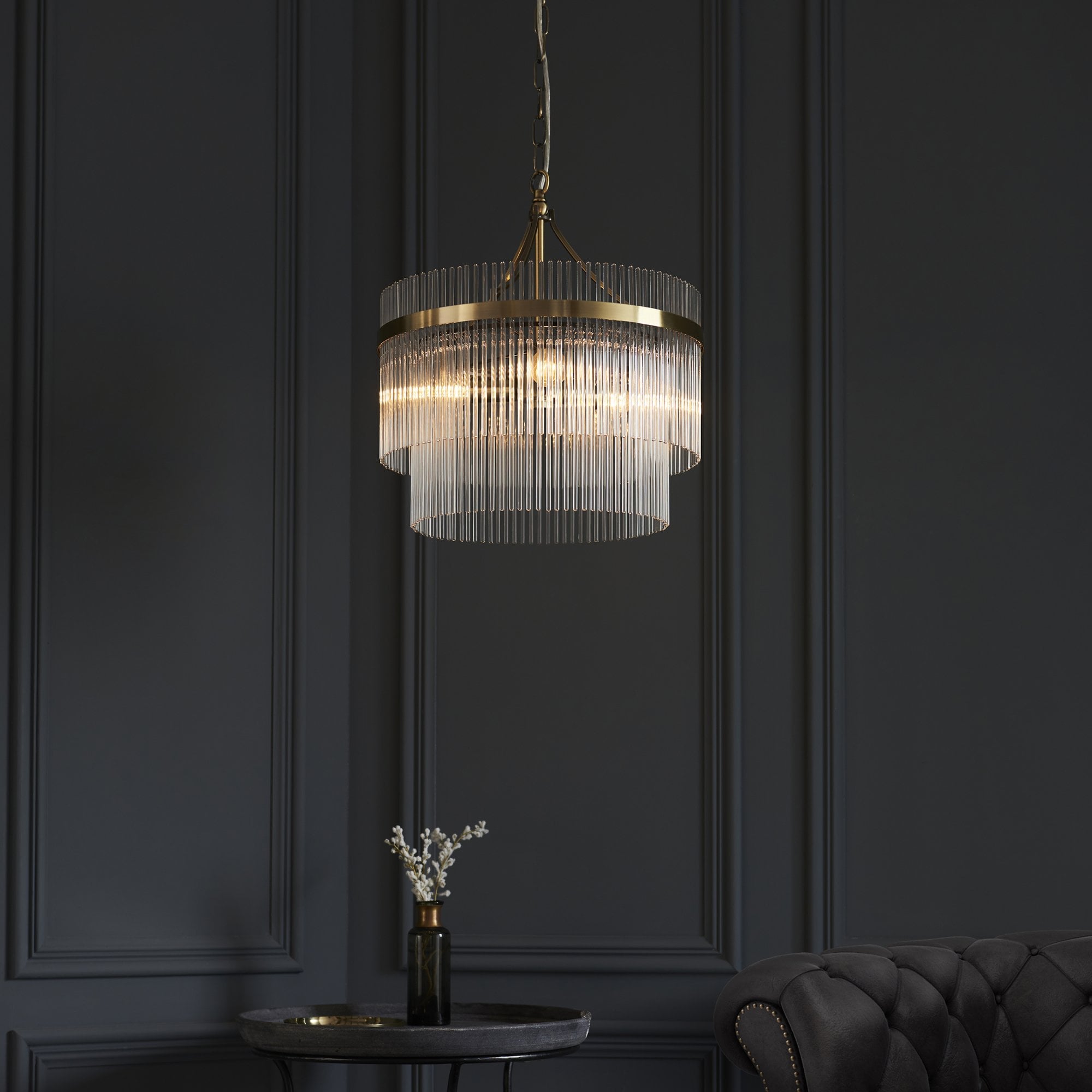 Marietta Modern 3 Light Ceiling Pendant Light In Antique Brass With Clear Glass Rods 99167