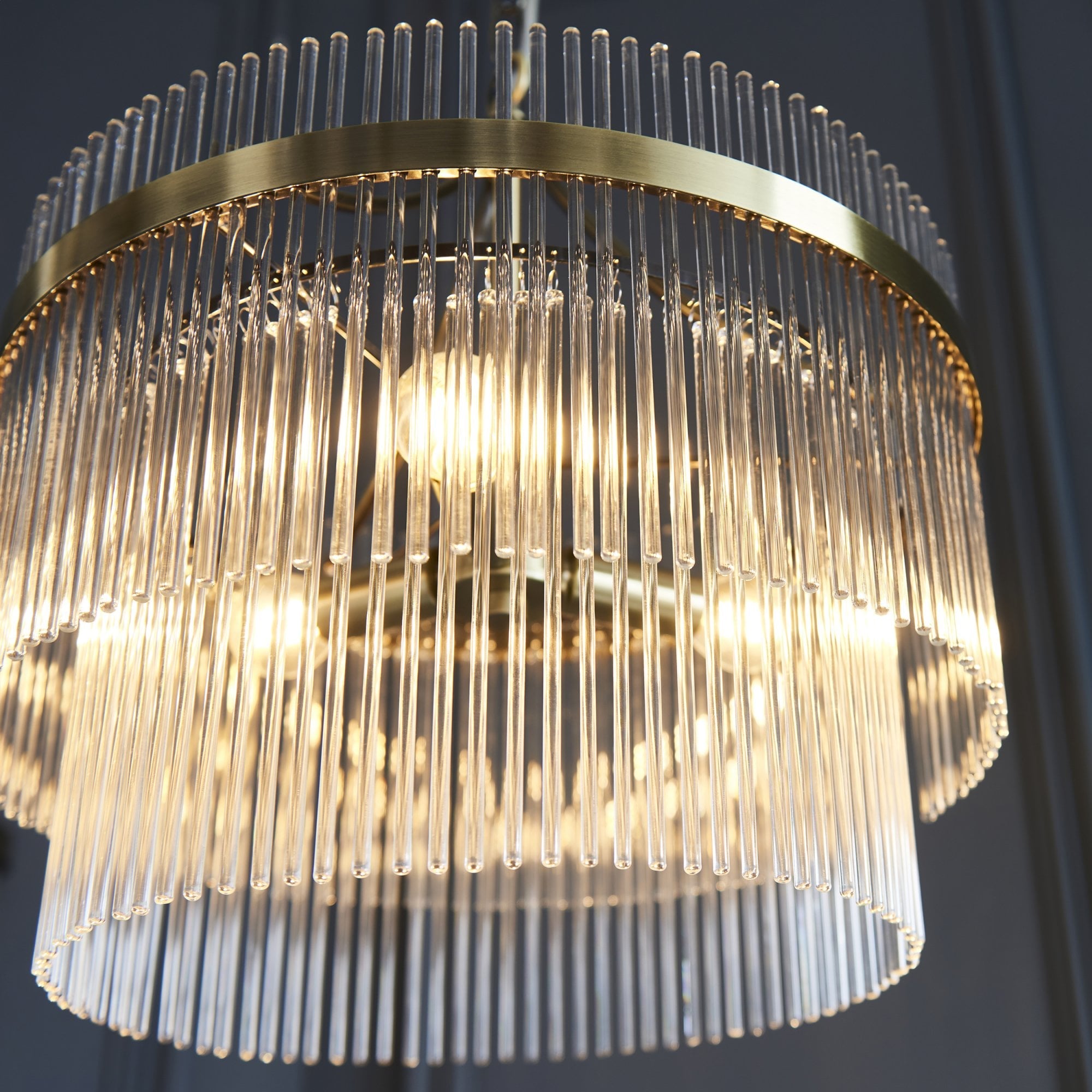 Marietta Modern 3 Light Ceiling Pendant Light In Antique Brass With Clear Glass Rods 99167